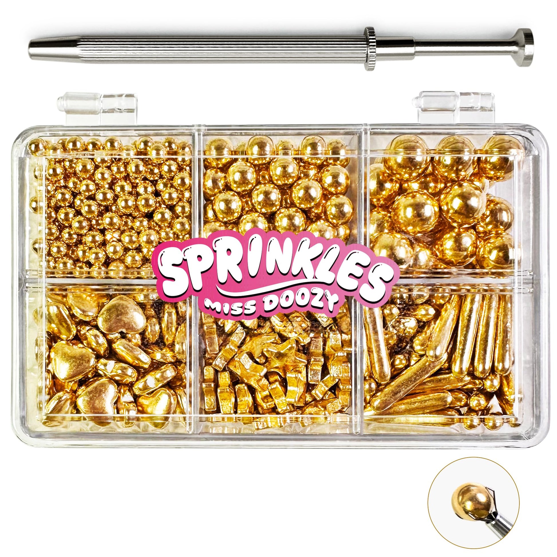 Miss Doozy Gold Sprinkles with 4-Claw Pickup Tool, 6.5oz, Bright Gold Metallic Rod & Star Sprinkles for Cake Decorating