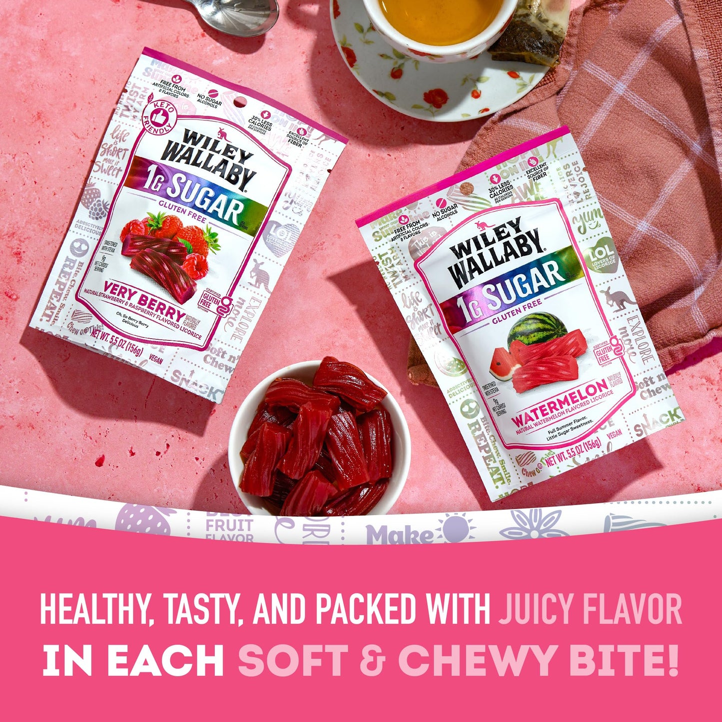 Wiley Wallaby Low Sugar Gluten Free Licorice | Soft Chewy Licorice | Watermelon and Very Berry Flavors | 5.5 Ounce | 2 Pack