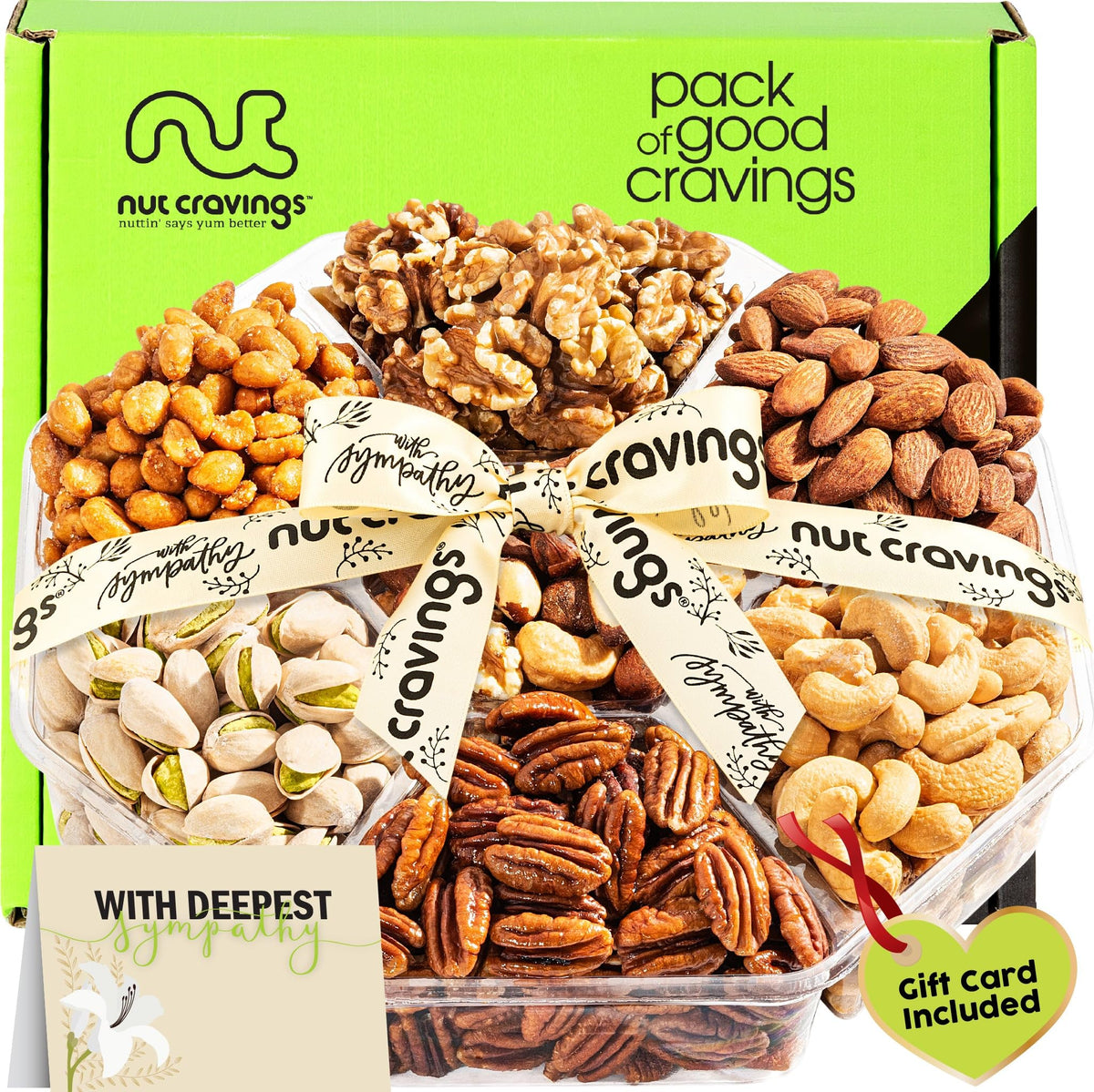 Sympathy Nuts Gift Basket With Sympathy Ribbon + Greeting Card (7 Assortments) Gourmet Food Bouquet Platter, Condolence Care Pac