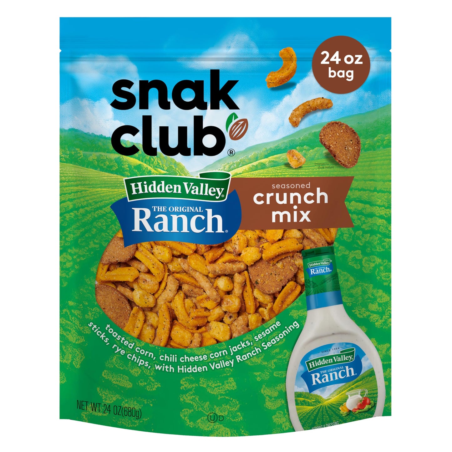 Snak Club Crunch Mix with Hidden Valley Ranch Seasoning  Toasted Corn  Chili Cheese Corn Jacks  Sesame Sticks  and Rye Chips  Kosher Snack  24 oz Resealable Bag