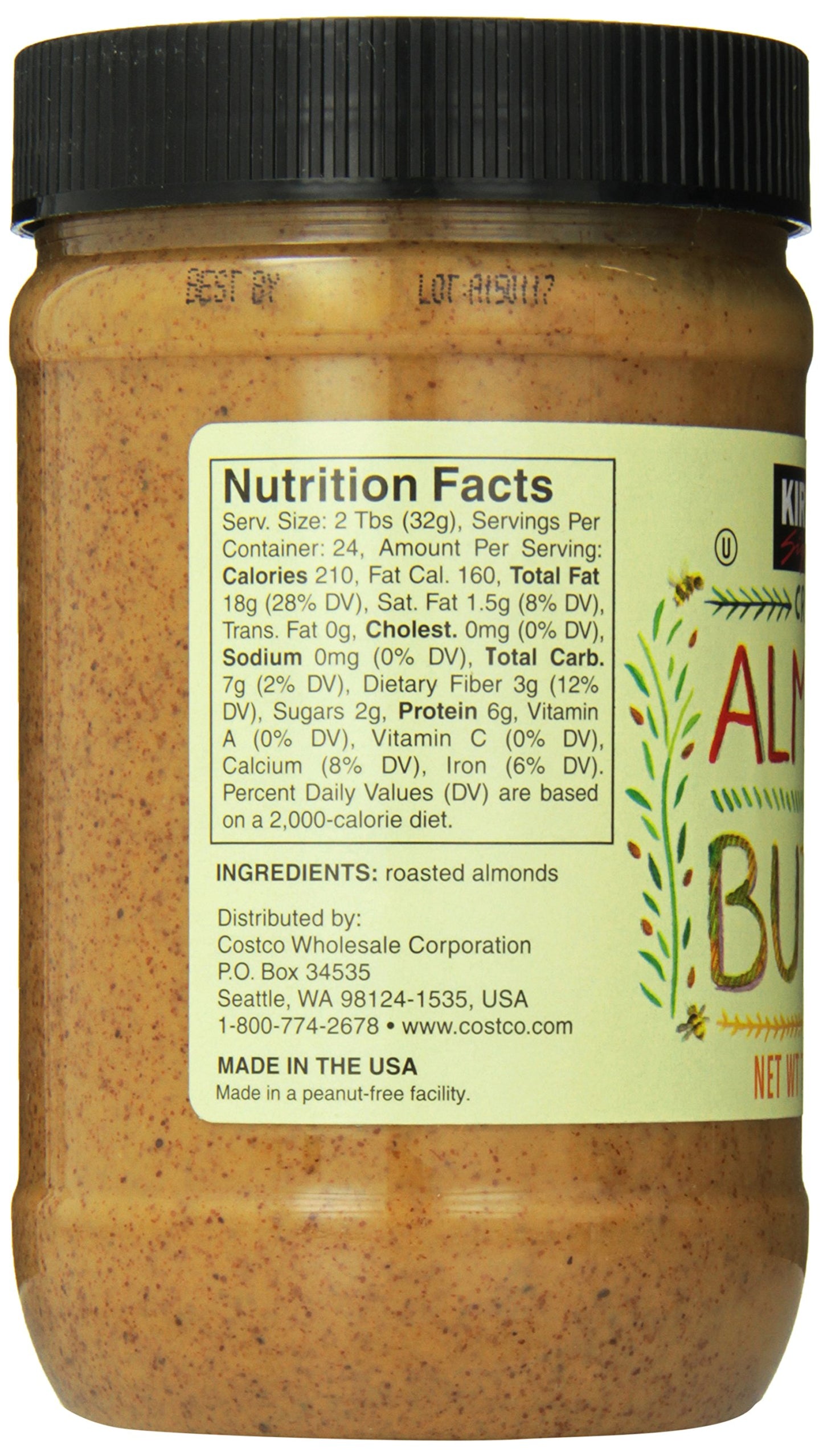 KIRKLAND Signature Creamy Almond Butter, 27 oz, 1.6 lb - Smooth, Natural Nut Spread