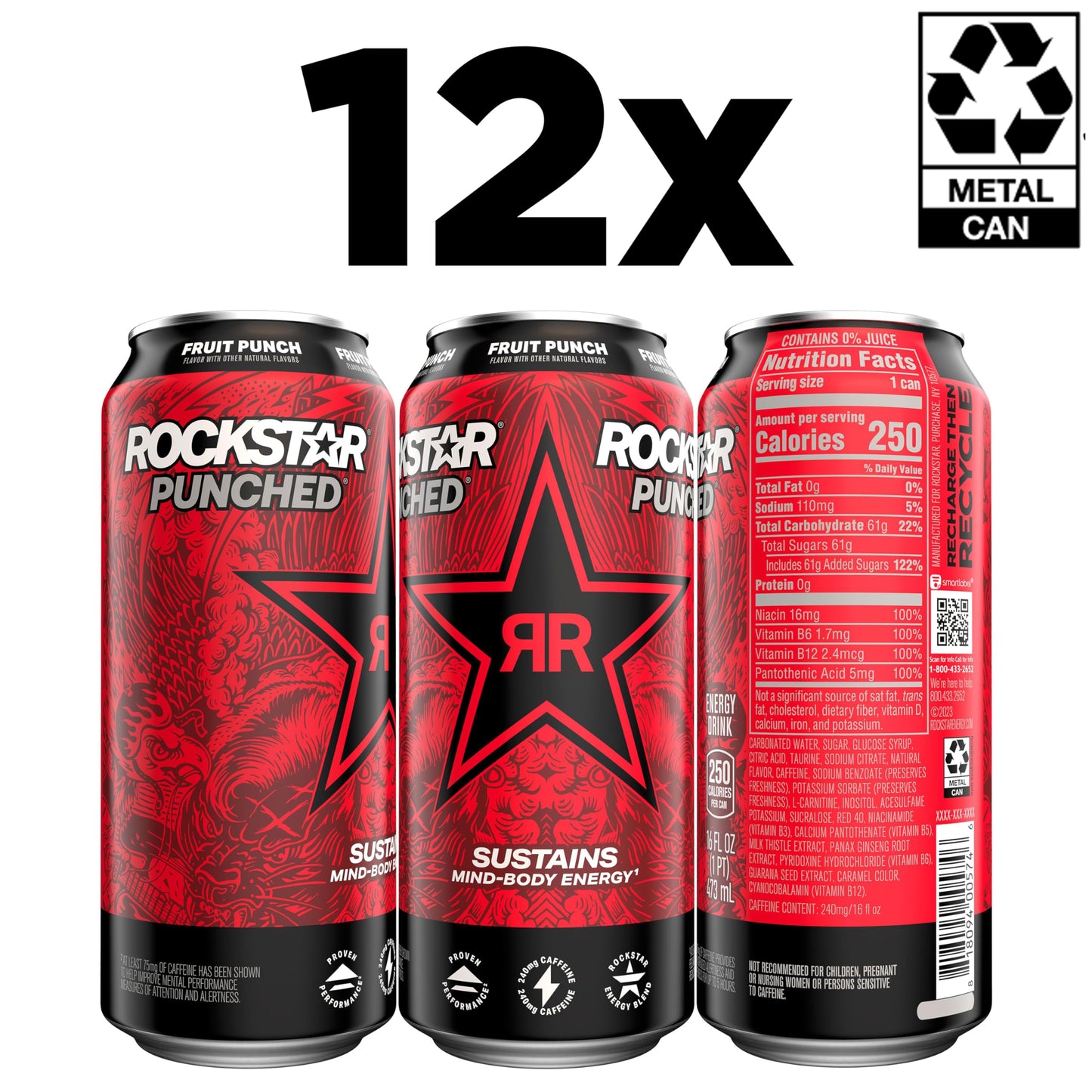 Rockstar Punched Energy Drink, Fruit Punch, 16 Fl Oz (Pack of 12)