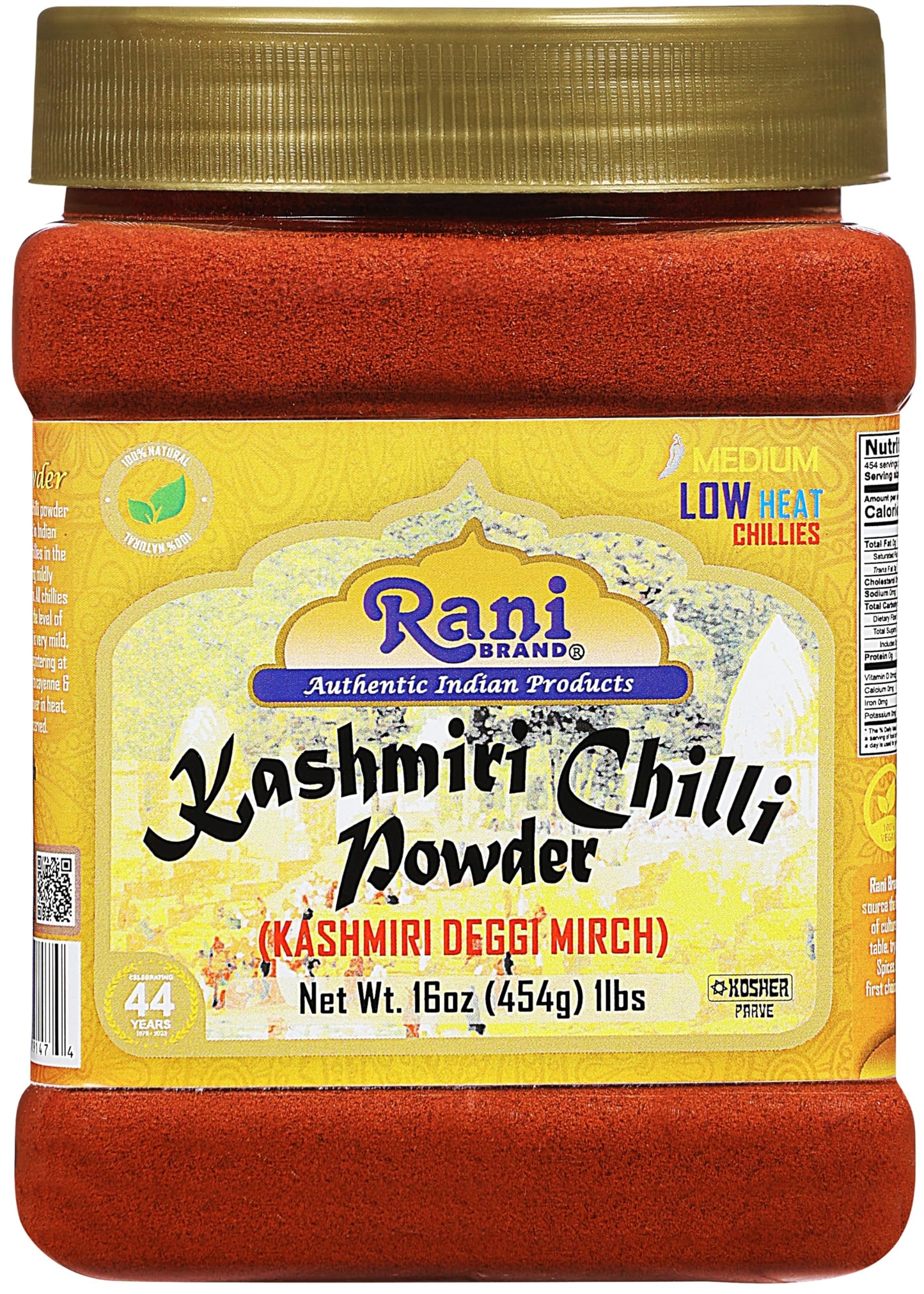 Rani Kashmiri Chilli Powder (Deggi Mirch, Low Heat) Ground Indian Spice 16Oz (1Lb) 454G Pet Jar ~ All Natural | Salt-Free | Vegan | Kosher | Gluten Friendly | Perfect For Deviled Eggs & Other Low Heat Dishes