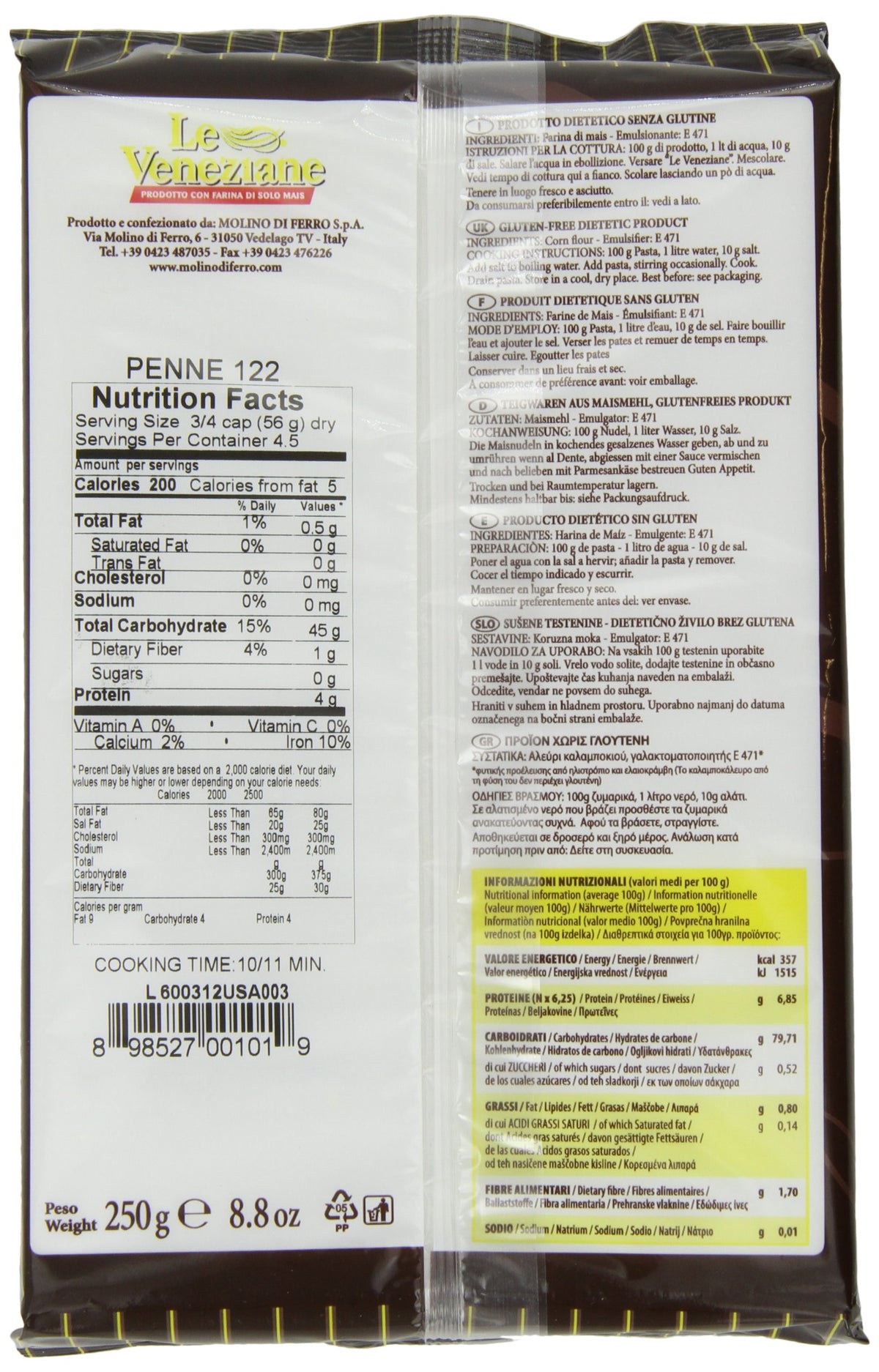 Le Veneziane Penne Rigate, 250-Gram Packages (Pack of 6)