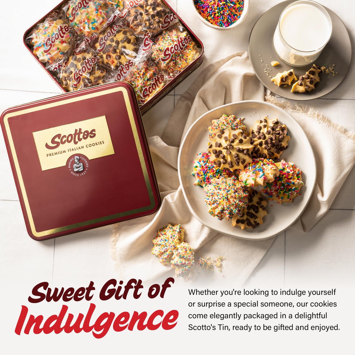 Scottos Cookies Assorted Chocolate Chip Cookies - Pack of 18, 8.5 x 8.5 x 2.3 inches, Gourmet Birthday   with Rainbow Sprinkles