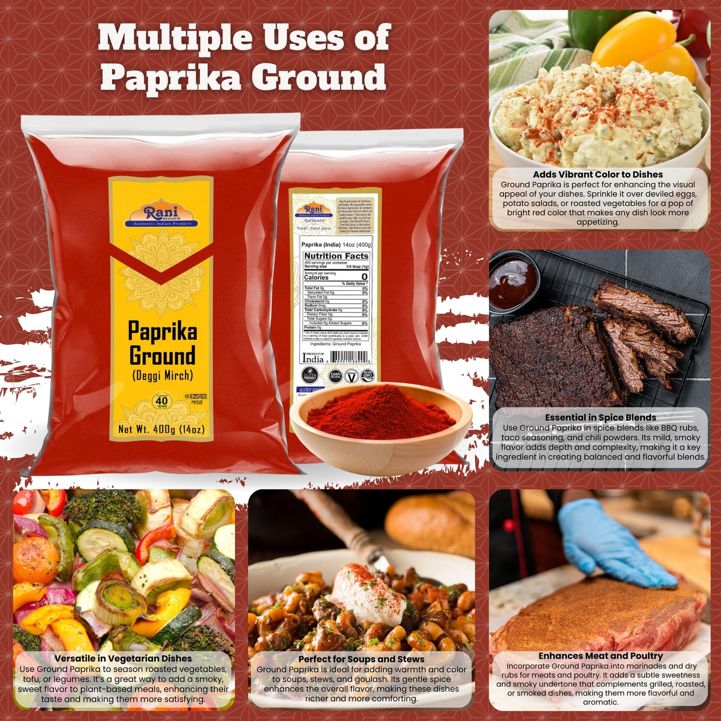 Rani Paprika (Deggi Mirch, Low Heat) Spice Powder, Ground 14Oz (400G) ~ All Natural, Salt-Free | Vegan | No Colors | Gluten Frie