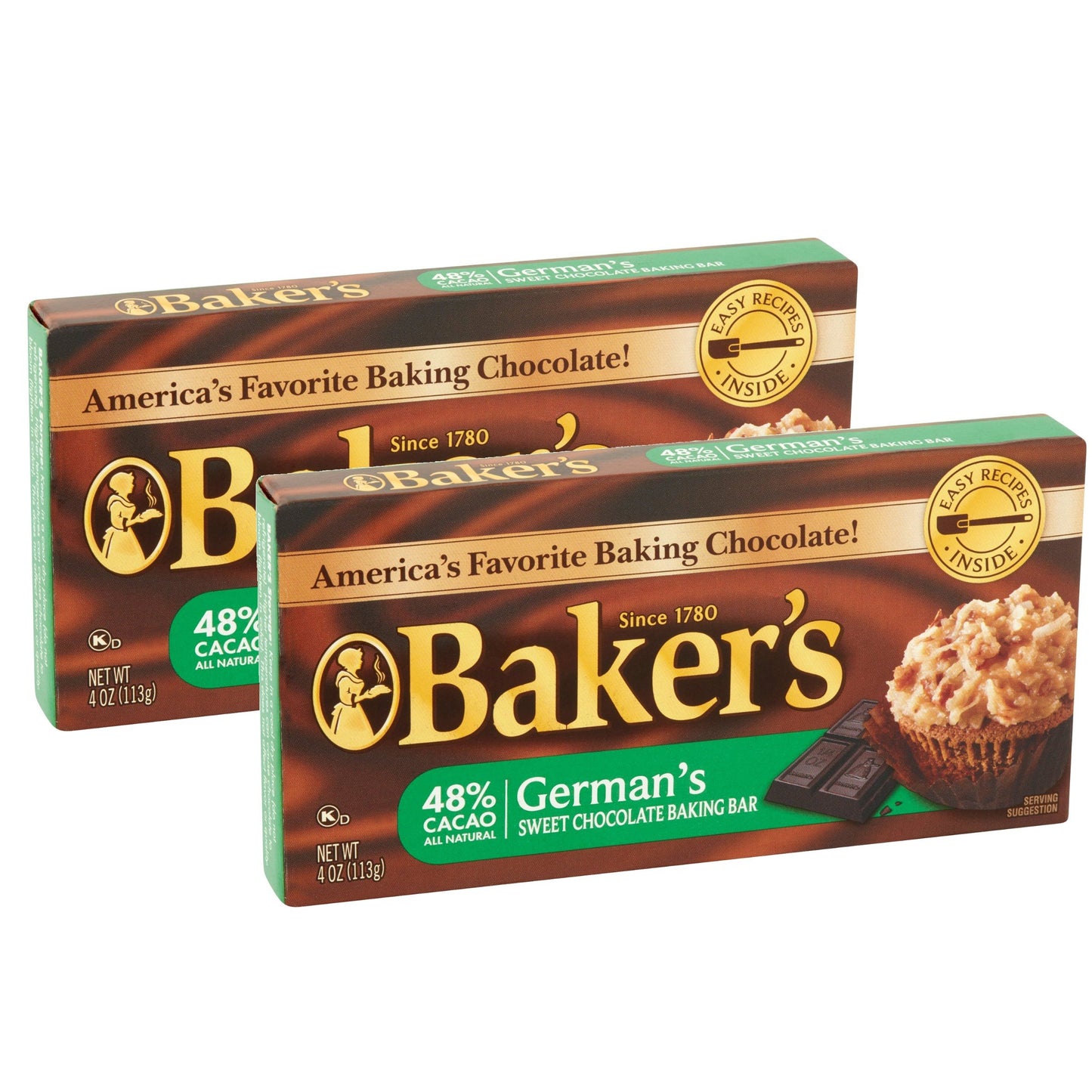 Lot Of 2 Baker'S 4 Oz. Sweet Chocolate Bar-German'S All Natural 48% Cacao