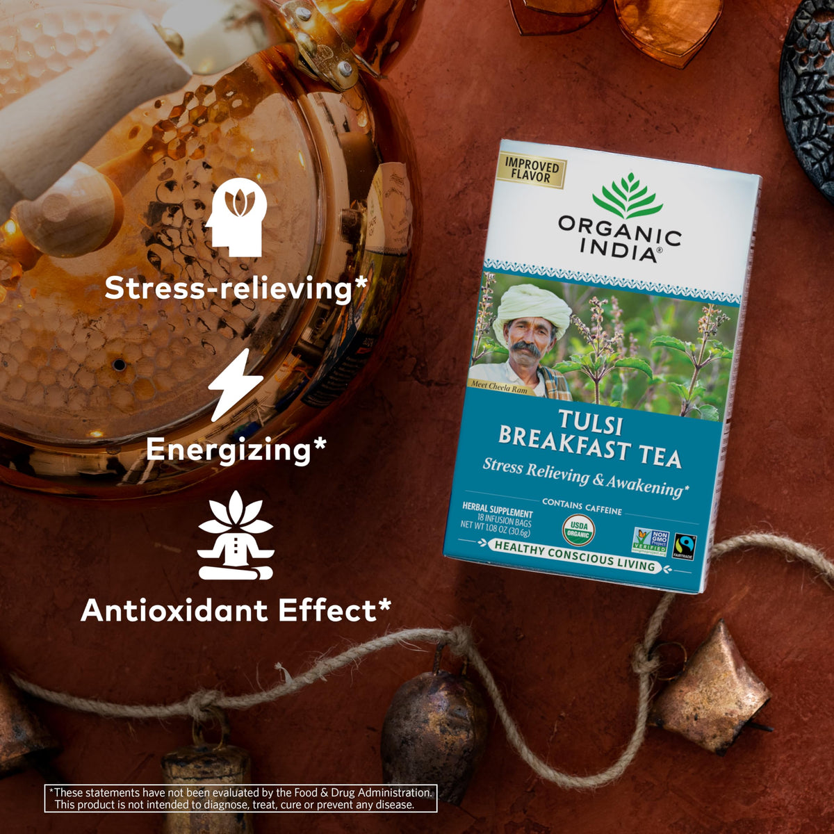 Organic India Tulsi Breakfast Herbal Tea - Holy Basil, Stress Relieving & Awakening, Immune Support, Adaptogen, Vegan, Usda Cert