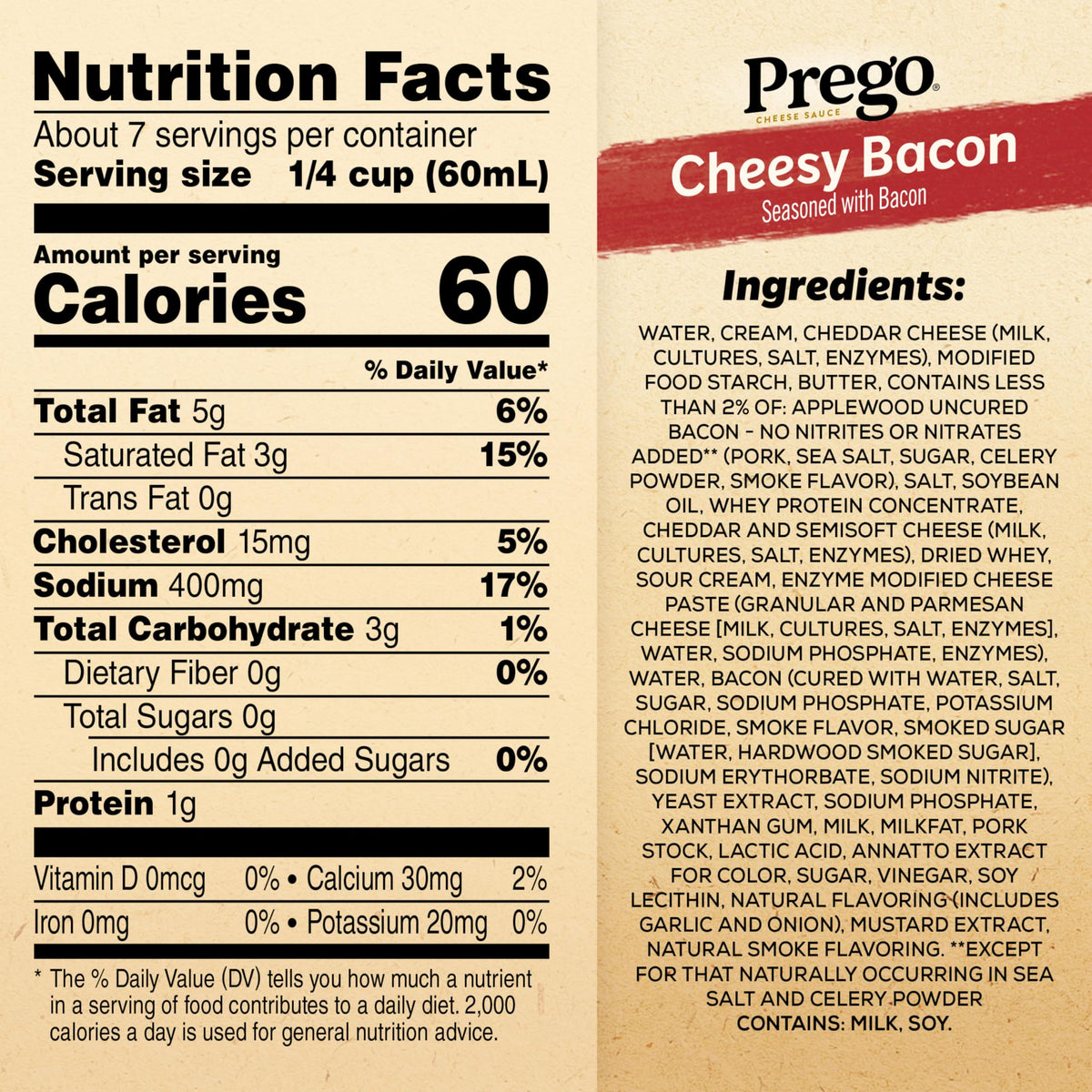 Prego Cheesy Bacon Cheddar Cheese Sauce, 14.5 Oz Jar, 12 Pack