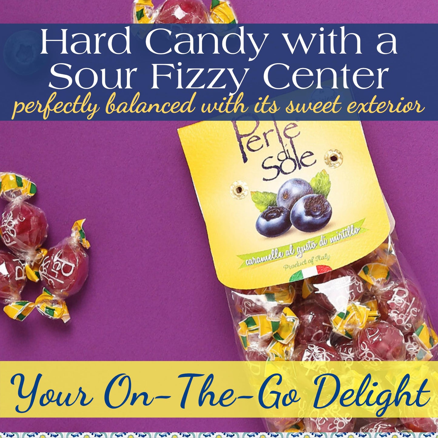 Perle di Sole Italian Candy - Blueberry Hard Candy with a Tart Fizzy Filling - Italian Candy Individually Wrapped (7.05 oz | 200