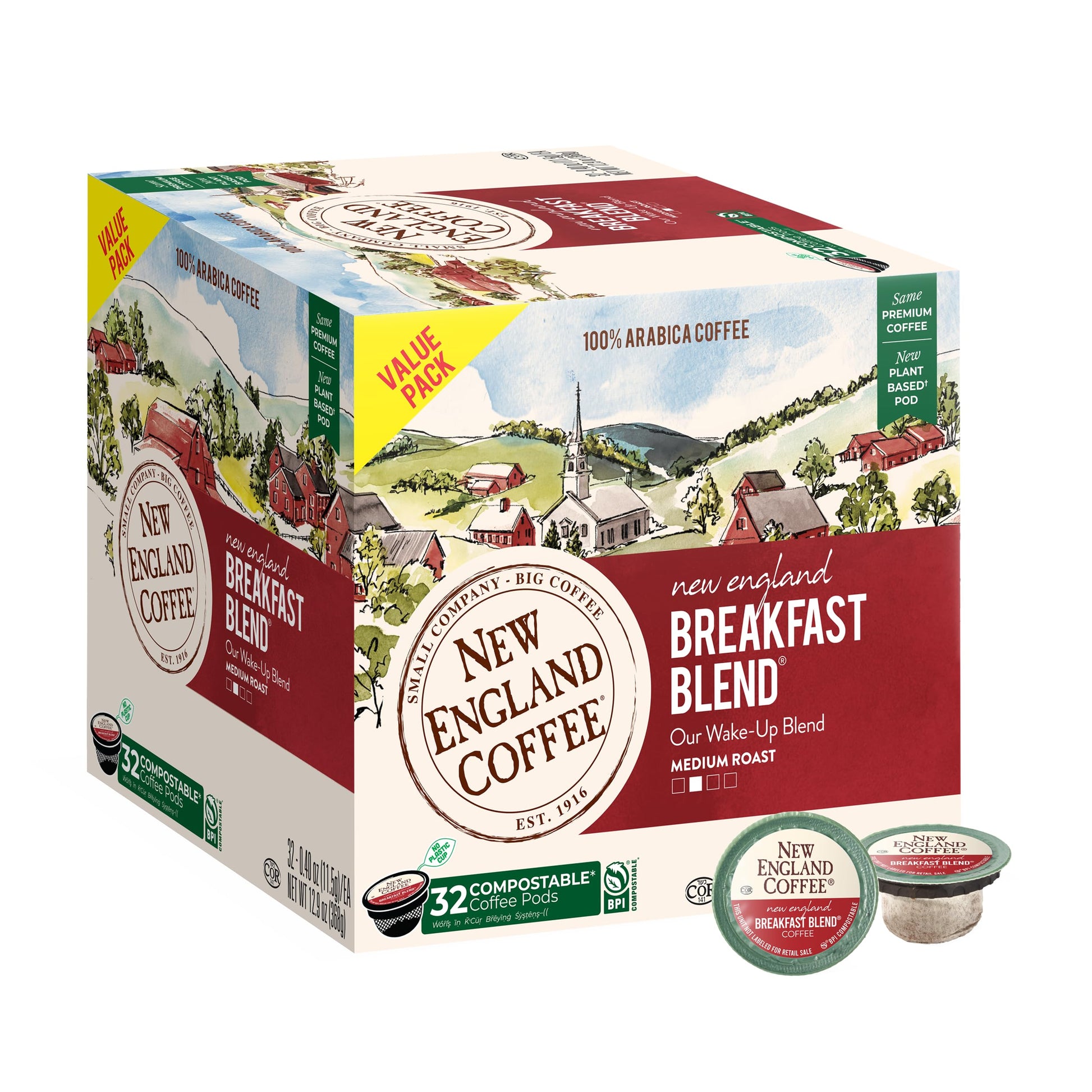 New England Coffee Breakfast Blend Medium Roast Pods, 32 Count, Single Serve