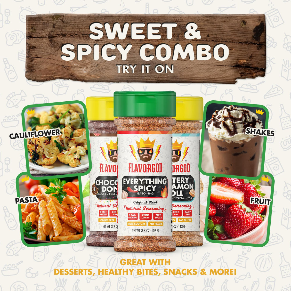 Flavor God Sweet & Spicy Combo Pack - 3 All Natural Spice Blends - Large Size - Perfect for Seasoning and Toppers