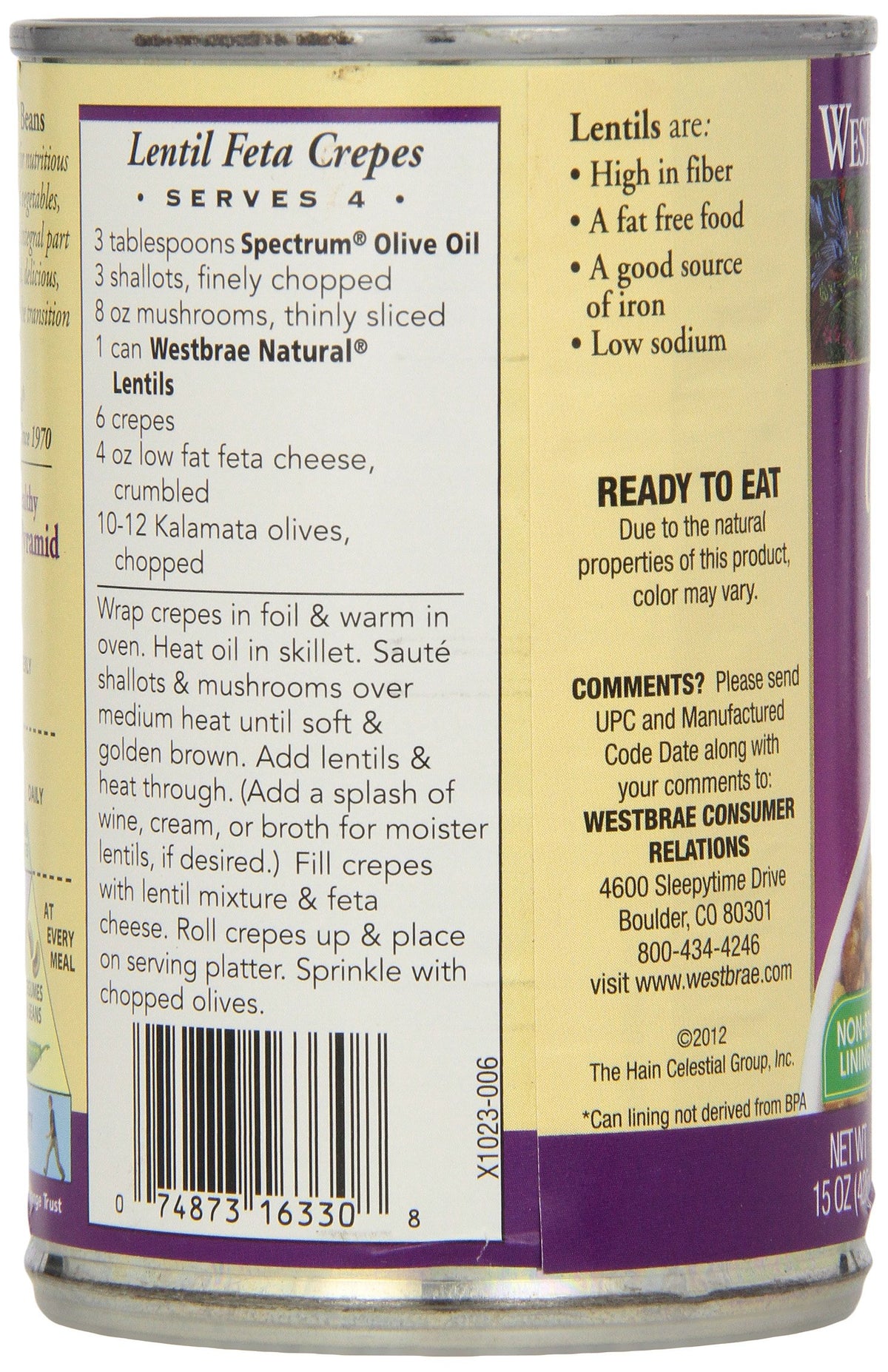 Westbrae Foods Lentil Beans Fat Free (12X15 Oz)