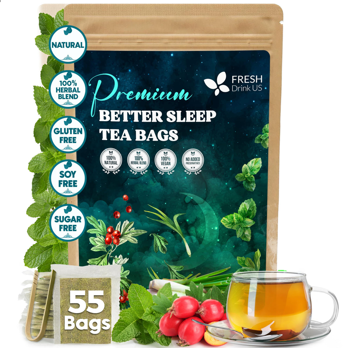 Freshdrinkus  Top-Grade 55 Tea Bags Playter Sleep Herbal Tea | Energy Blend-Free Loose Leaf Blend With Spearmint Leaves  Lemongrass Leaves  And Hawthorn Berry - Naturally Refreshing And Aromatic.