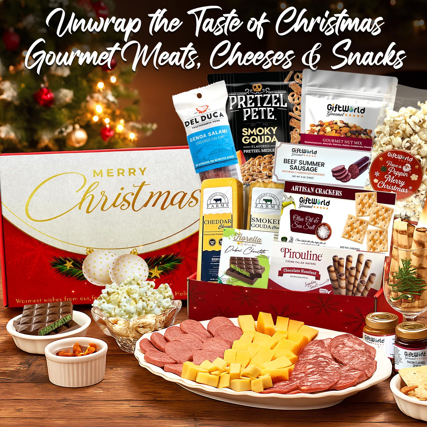 Christmas Gift Basket  Meat and Cheese Gift Baskets for Men and Women - Delicious Condiments with Dubai Chocolate  Charcuterie Food Gift Basket  Christmas Food Gifts in Christmas Gift Box (12-item Bundle)