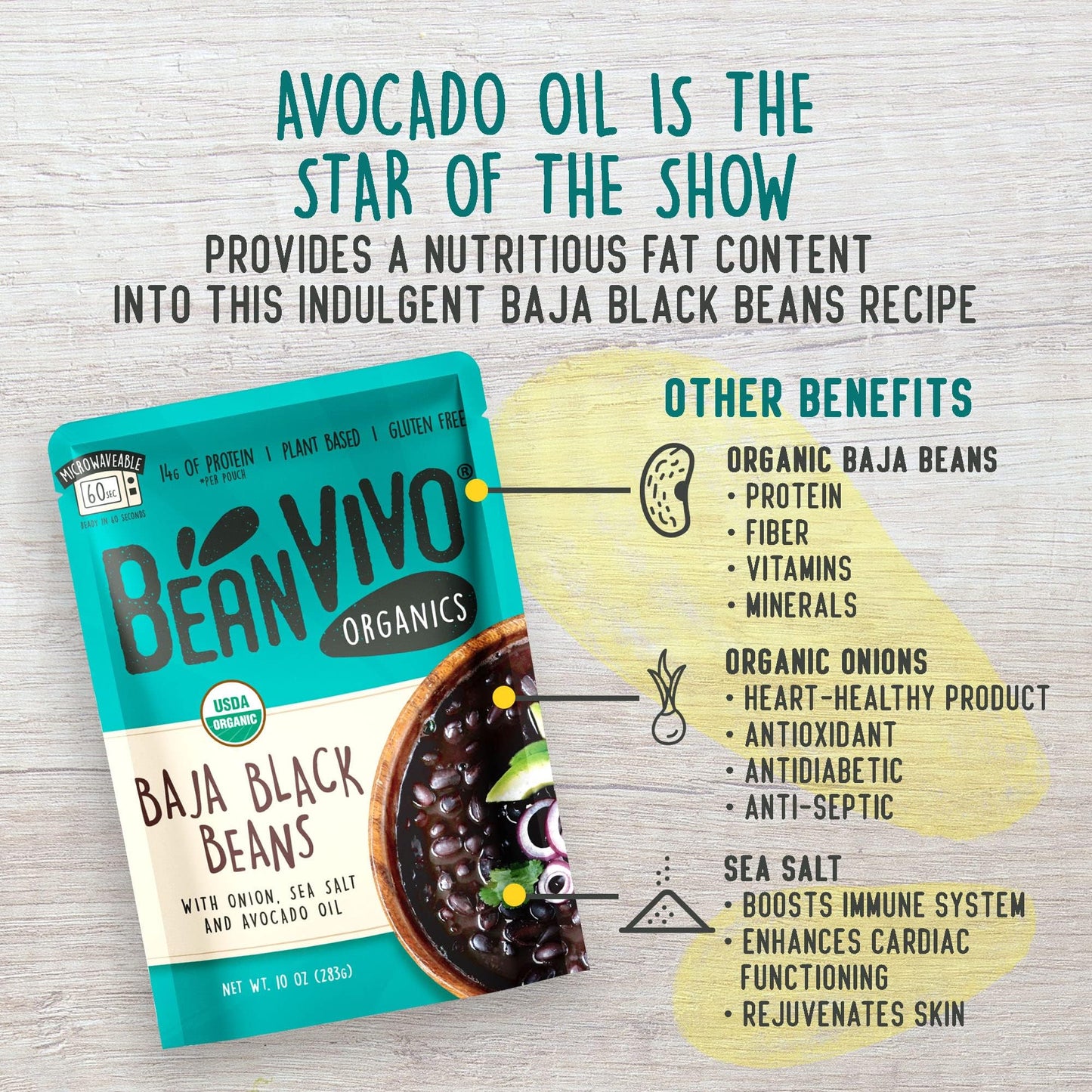 BeanVIVO Plant-Based Protein Baja Black Beans - Gluten-Free, Good Source of Fiber, 10 oz (Pack of 6)
