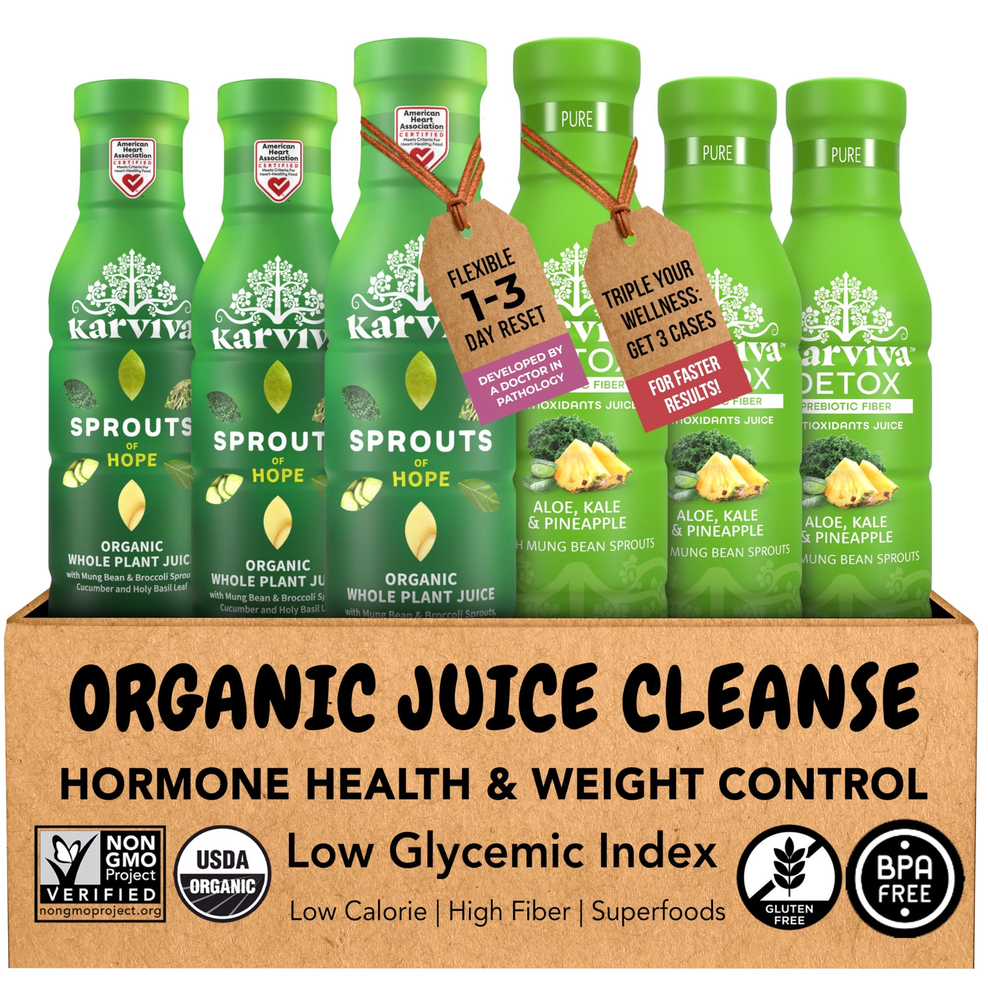 Karviva Organic Juice Cleanse For Liver Detox & Body Support Health - Ancient Remedies With Broccoli Sprouts  Aloe Vera  Kale  Kiwi  Flavor Blendger - Low-Sugar  Prebiotic  Fiber  Antioxidants (6 Bpa-Free  Free From Harmful Additives Bottles  12 Oz Each)