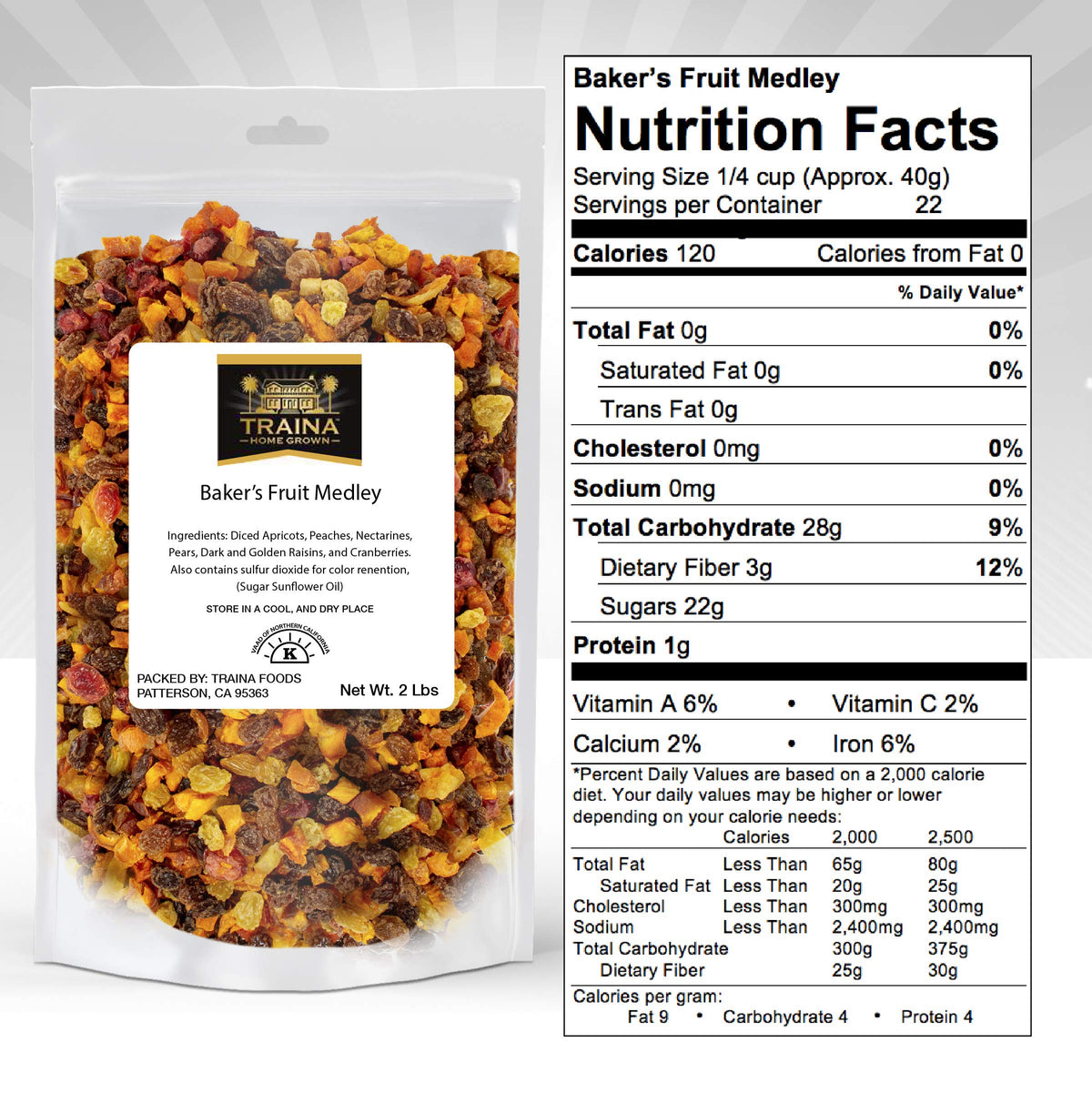 Traina Home Grown Sun Dried Bakers Fruit Medley - Diced Peaches, Cranberries, Apricots, Pears, Nectarines, and Raisins - Non GMO