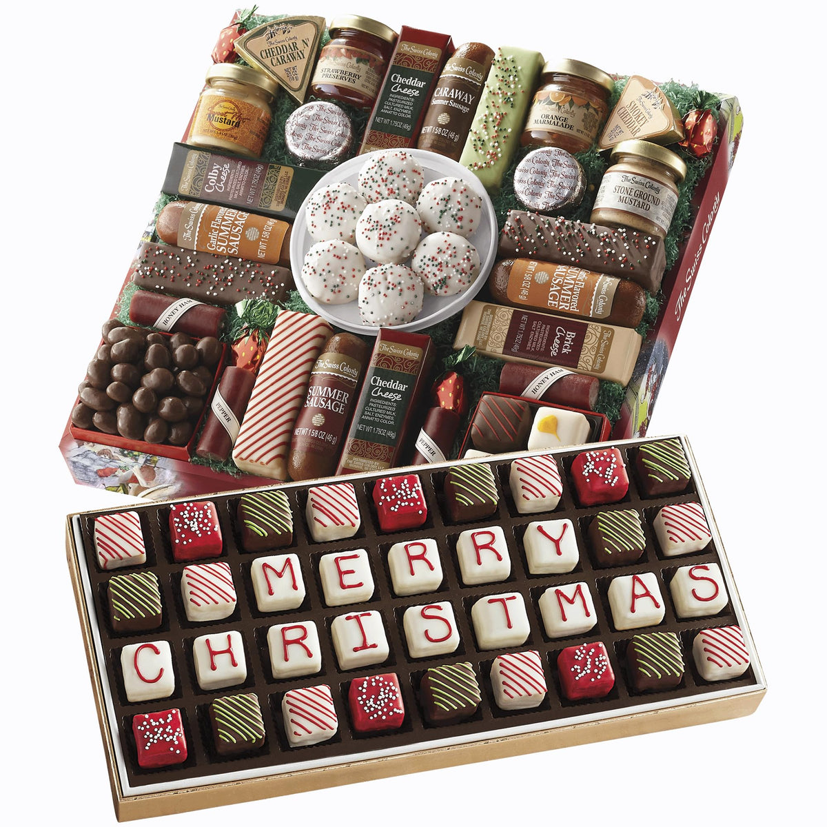 The Swiss Colony 27 Favorites And 36 Merry Christmas Petits Fours Christmas Gift Bundle - Assorted Cheeses  Candies  Chocolates  Summer Sausage Meats  And Gourmet Mini Layer Cakes