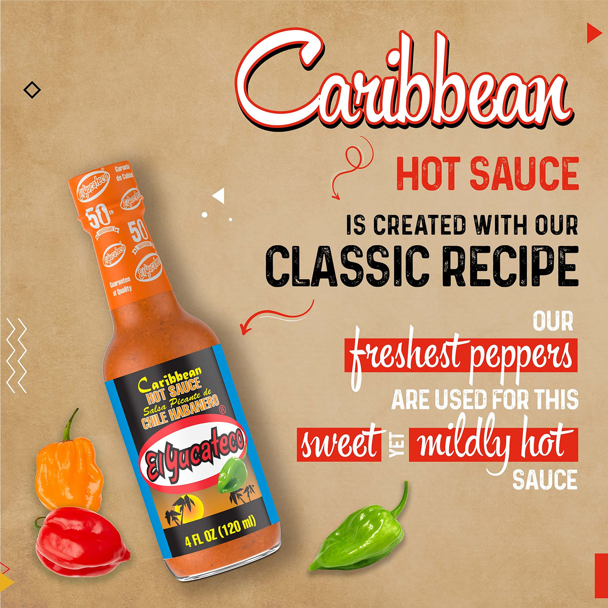 El Yucateco Caribbean Habanero Sauce, 4 Oz., 6 Pack, 7,000 Average Scoville Units, Gluten Free, Sugar Free