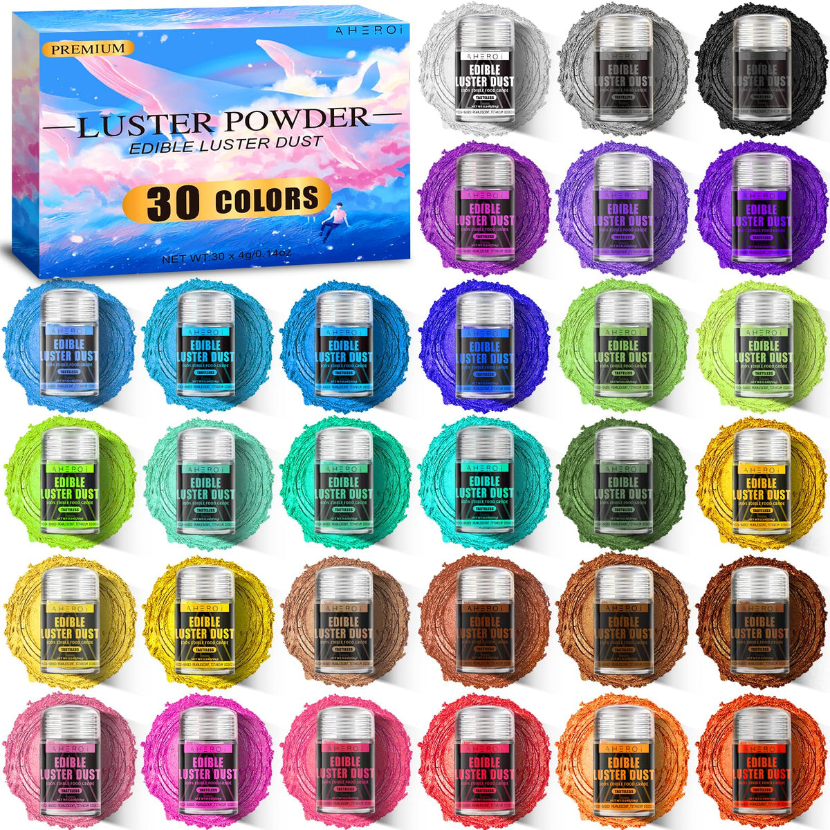 Aheroi Edible Glitter Pack, 30 Colors Luster Dust for Food & Drinks, 4g Each, Multicolor