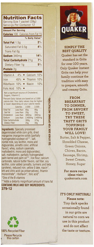 Quaker, Instant Grits, Butter Flavor, 12 Count, 12oz Box (Pack of 3)