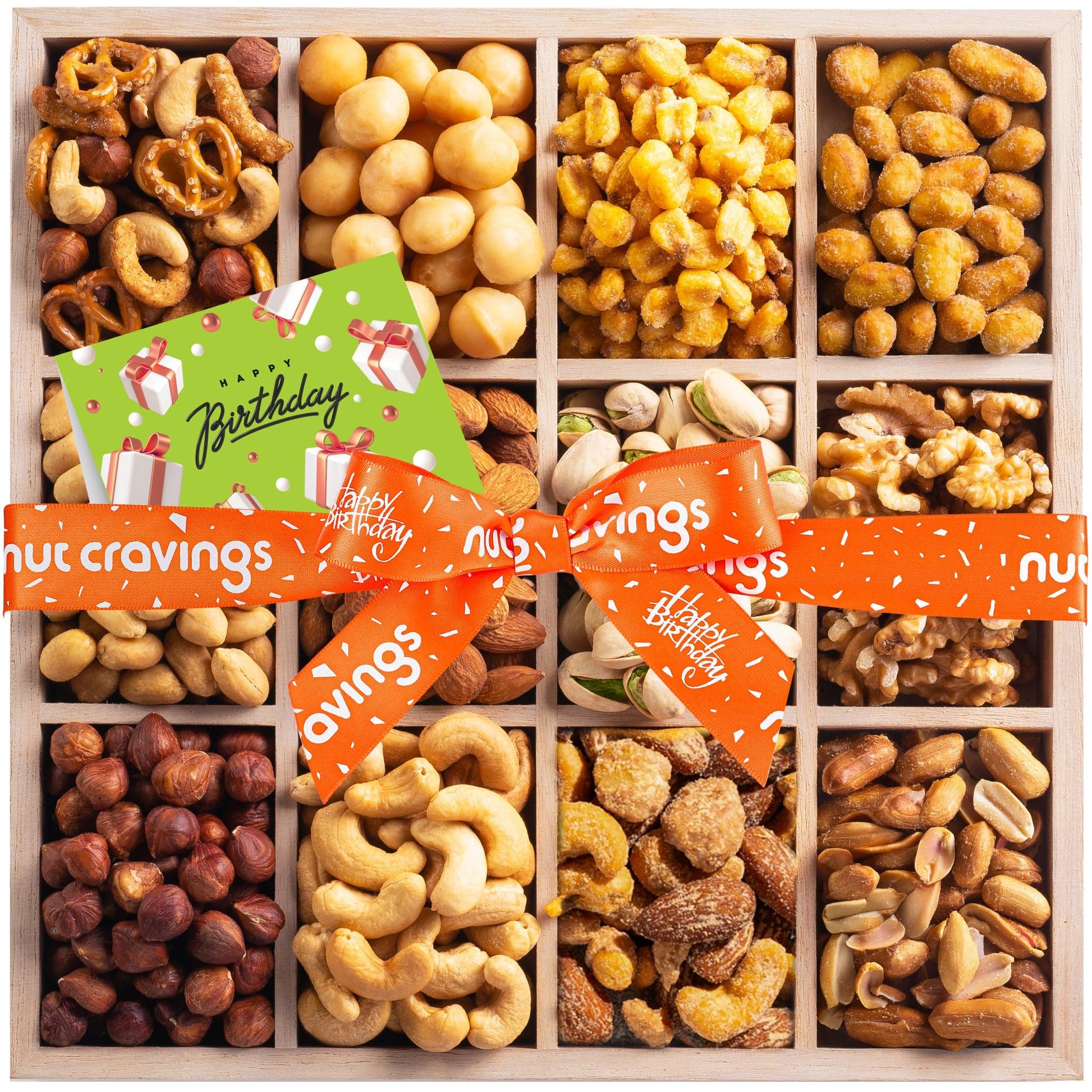 NUT CRAVINGS Gourmet Collection - Happy Birthday   Nuts Gift Basket with Bday Ribbon in Reusable Wooden Tray (12 Assortments) Food Arrangement  Healthy Snack Care Package  Food Assortments