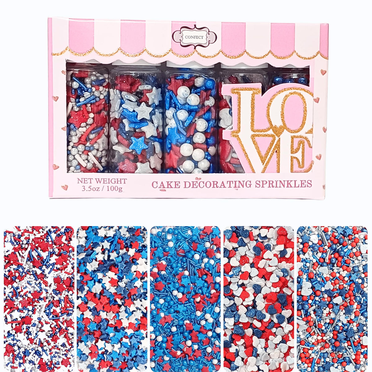 Confect Patriotic Sprinkles | Assorted Pack of 5 Mix Red, White & Blue Sprinkles | Heart & Star Pearls & Jimmies For Cake & Cupc