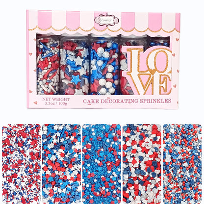 Confect Patriotic Sprinkles | Assorted Pack of 5 Mix Red, White & Blue Sprinkles | Heart & Star Pearls & Jimmies For Cake & Cupc