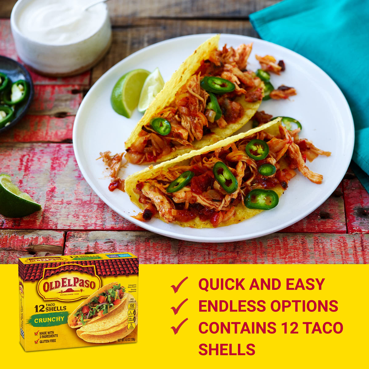 Old El Paso Crunchy Taco Shells, Gluten Free, Meal Prep, 12 Ct, 4.6 oz