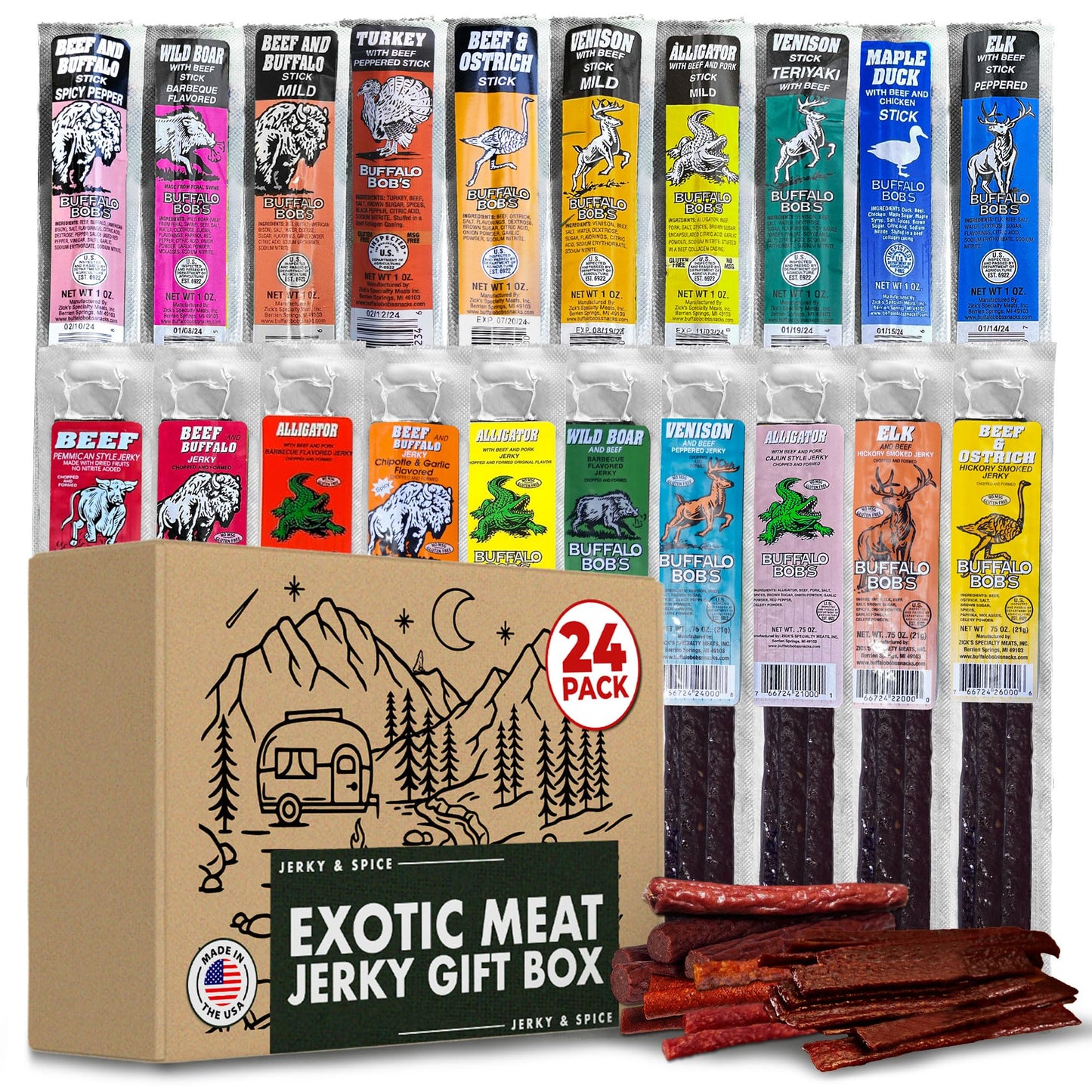 Buffalo Bob'S Wild Game Meat Snacks (24 Pack), Ultimate Exotic Jerky Gift Box For Men, Beef Jerky Variety Pack Gift, Multiple Wi