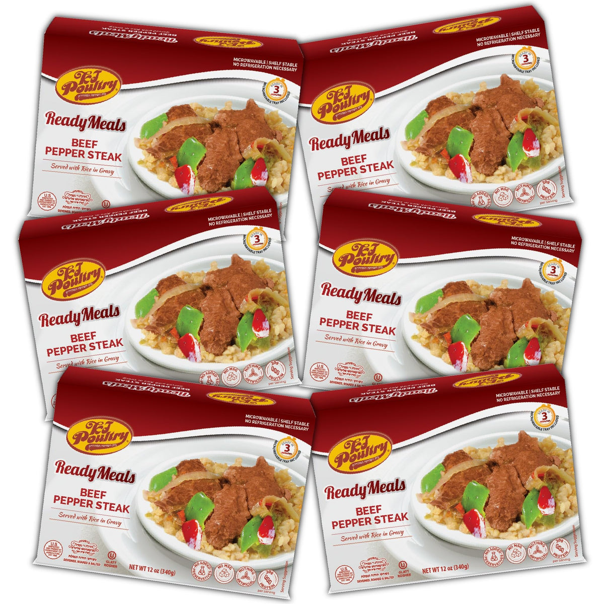 KJ Poultry Beef Pepper Steak & Rice MRE Meals - Fully Cooked, Shelf Stable, 6 Pack