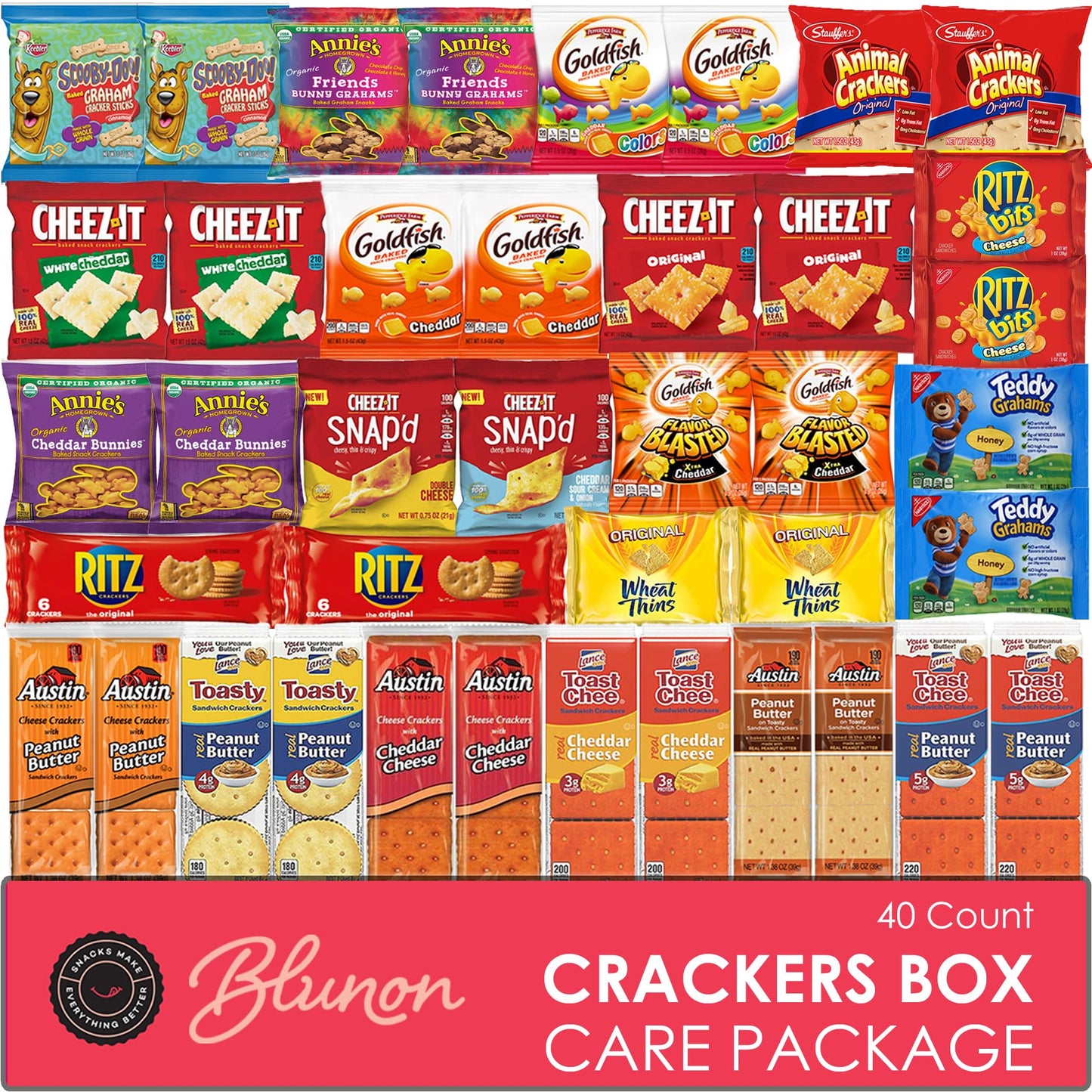 Blunon Crackers Variety Pack - Individually Wrapped Assortment - 40 Count Snack Pack