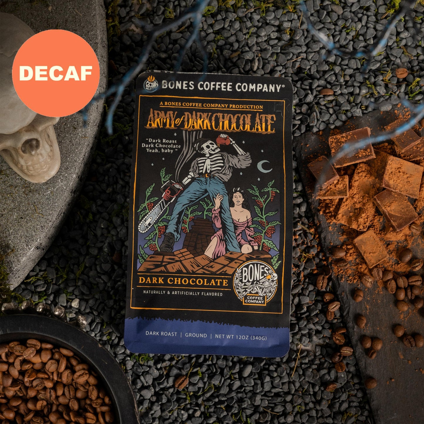 Bones Coffee Company Decaf Dark Chocolate Flavored Ground Coffee, 12 oz Dark Roast Arabica, Low Acid
