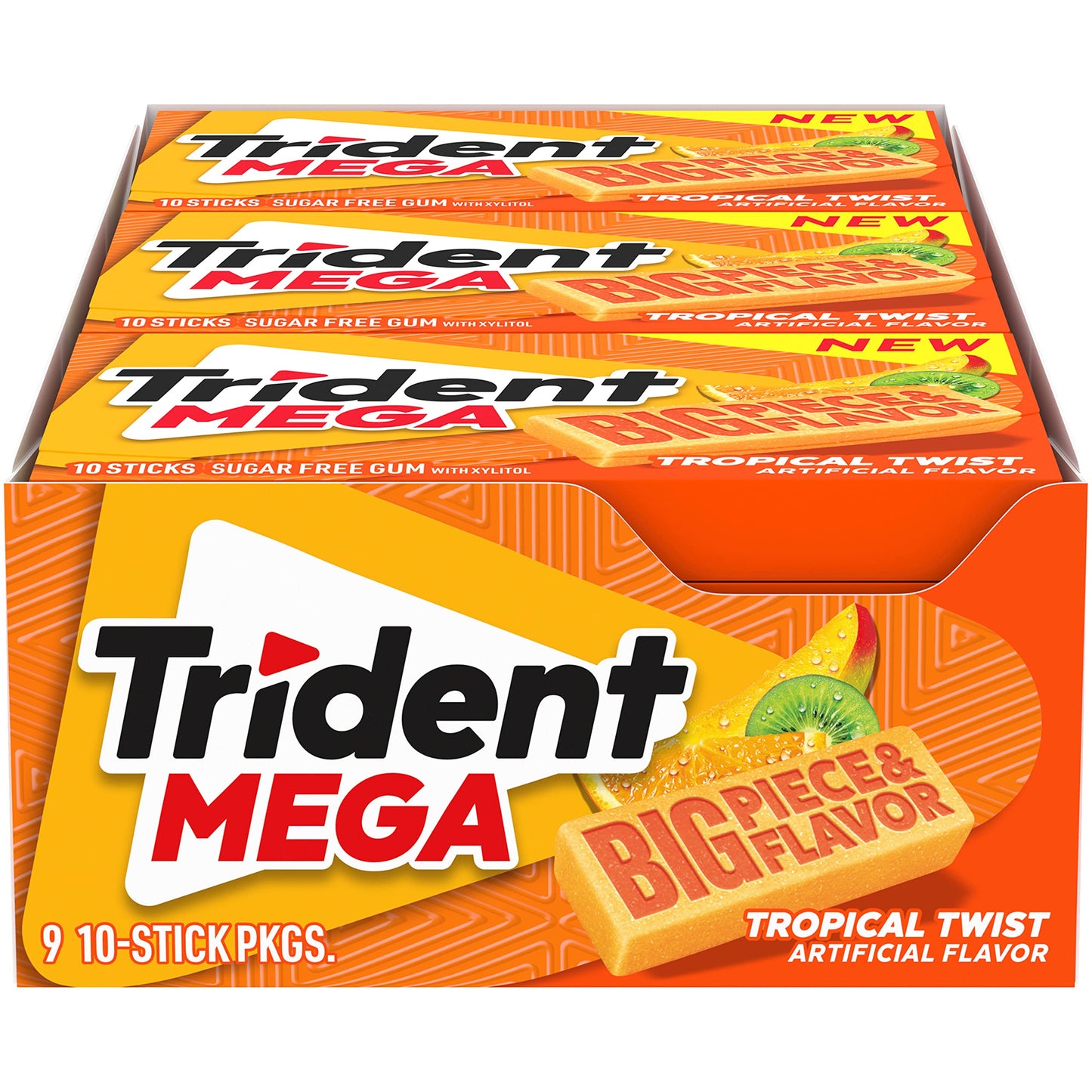 Trident Sugar-Free Chewing Gum, Mega Tropical Twist, 9 Packs of 10 Pieces, Orange, Model VC-a4-91213