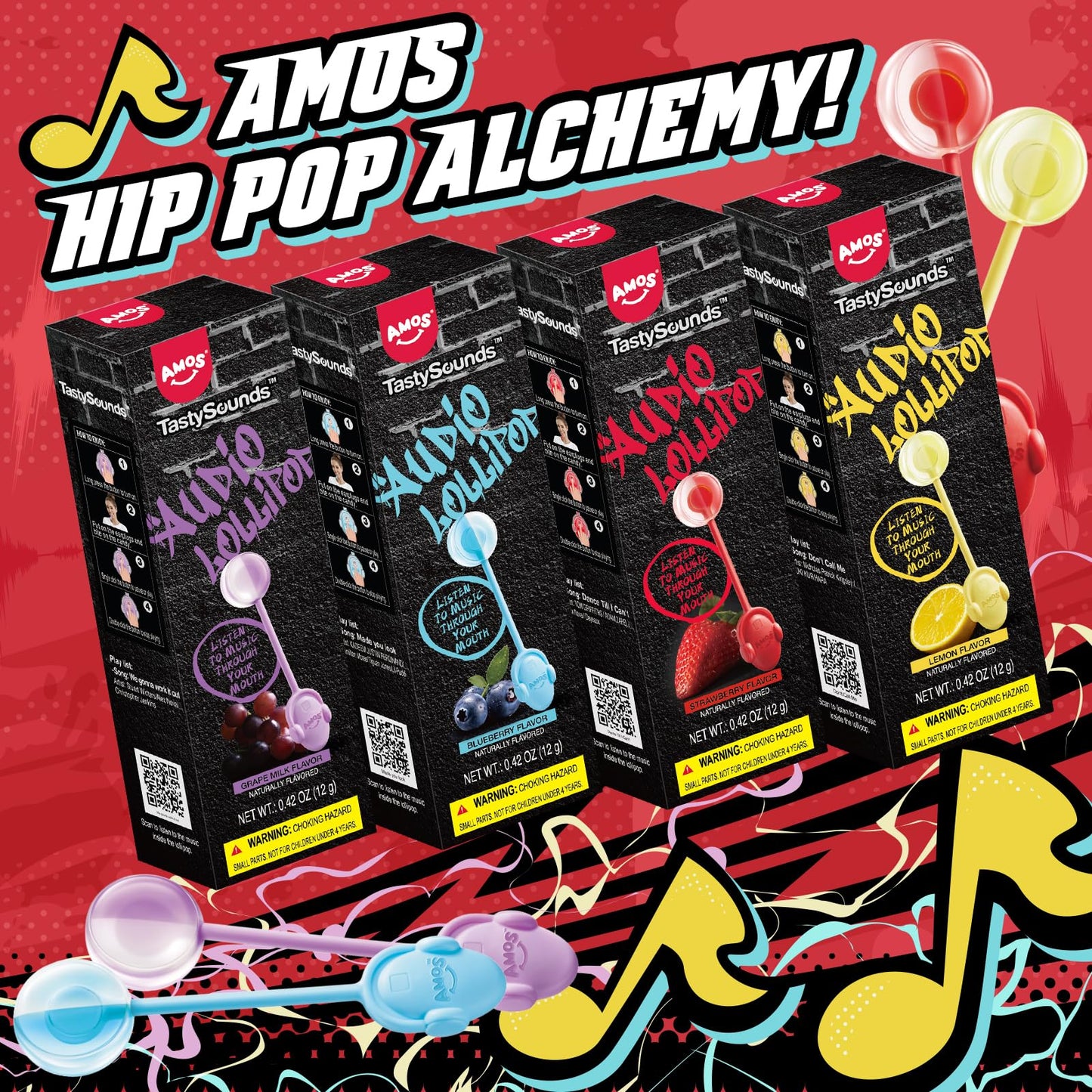 Amos Music Lollipop Candy Suckers – Tastysounds Audio Hip Hop Singing Lollipop, Assorted Fruit Flavors, Sugar-Free, Low-Calorie Snack, 4-Pack Gift Box
