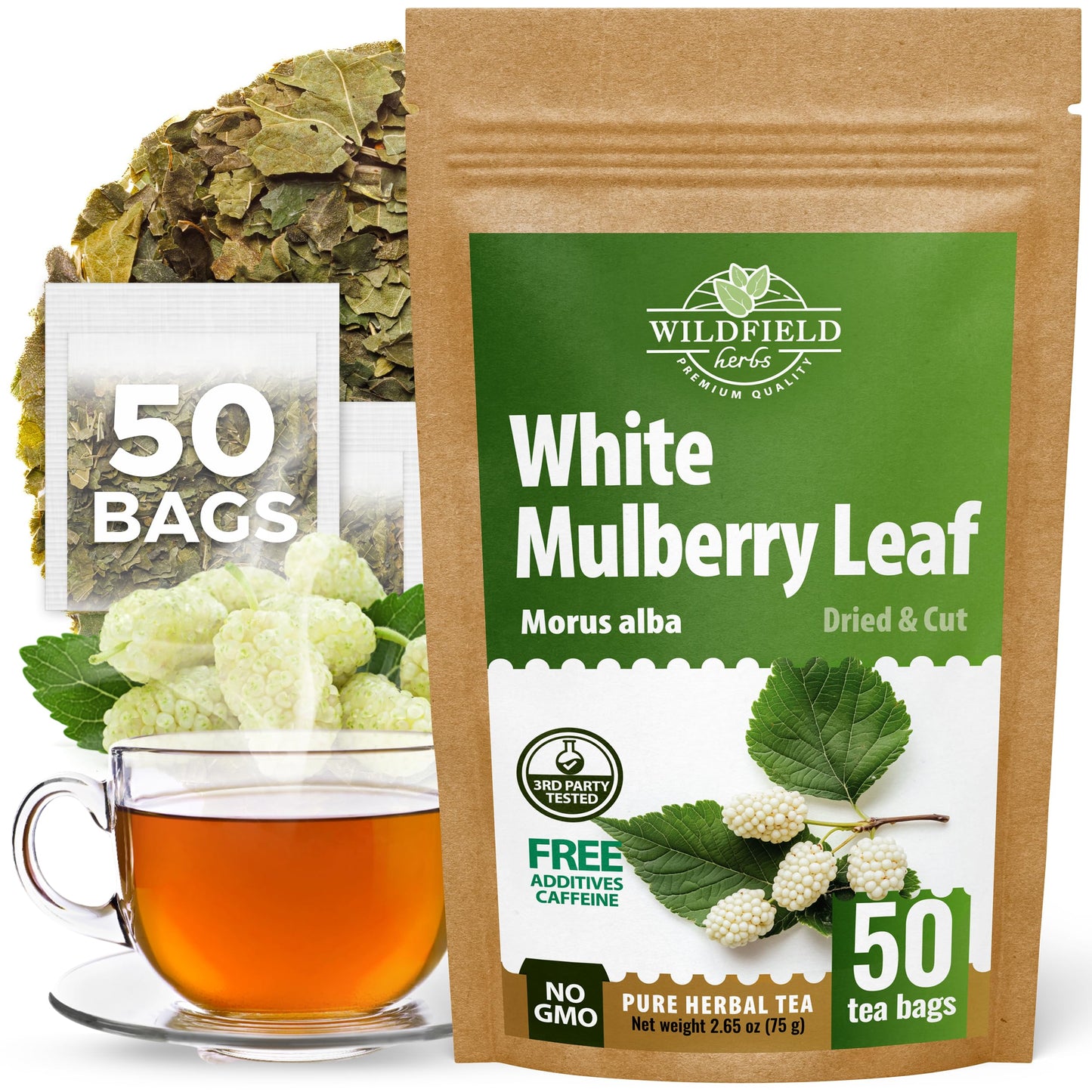 WILDFIELD HERBS White Mulberry Tea - Herbal Tea Bags 50 Count - Morus Alba 1.5g Bags