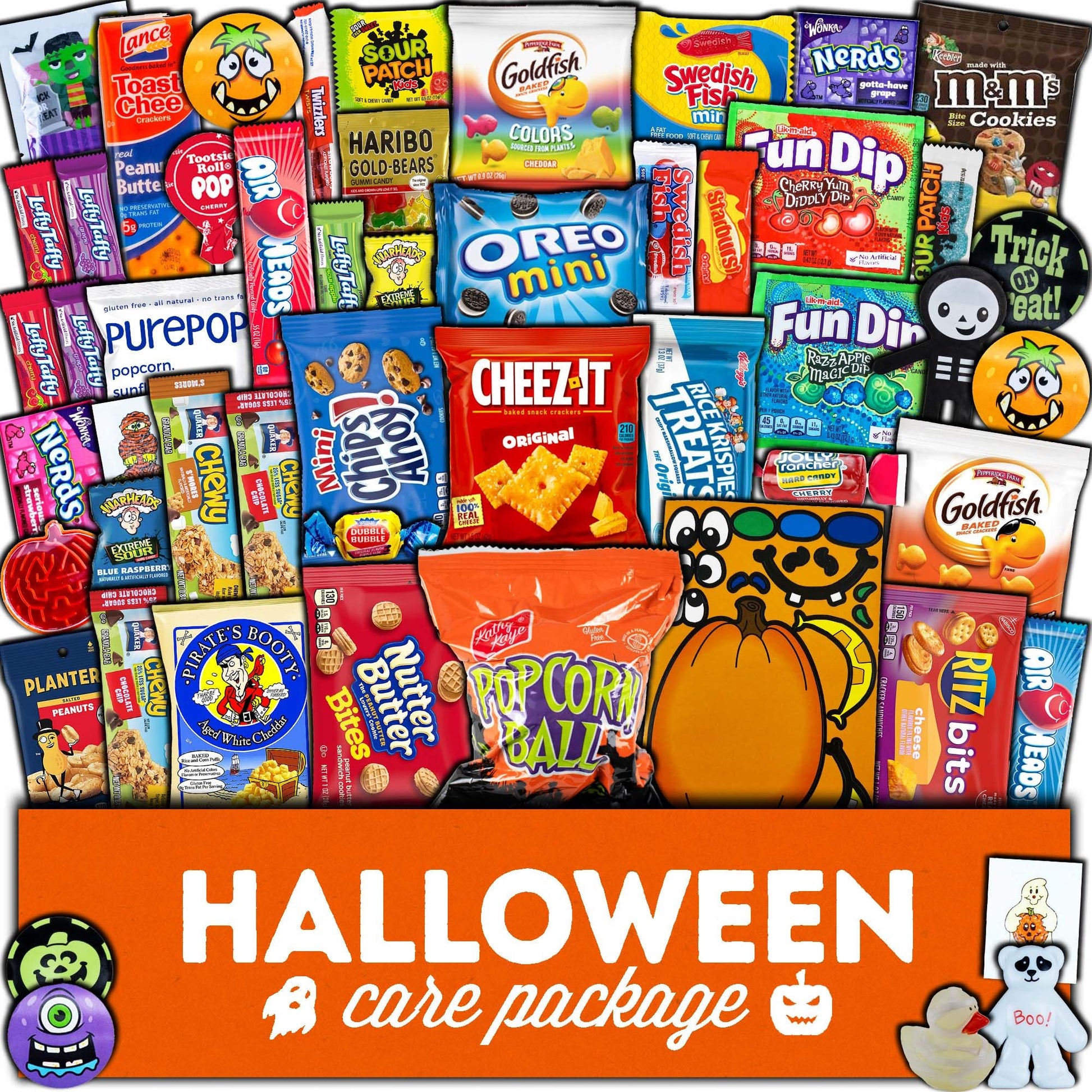 Halloween Candy Care Package Gift (50Ct) Snacks Box Basket Candies Kids Children 18+ Uses Cookies Food Variety Pack Bundle Mixed Bulk Sampler Girls Boys Guys Men Women Boyfriend Girlfriend College Student