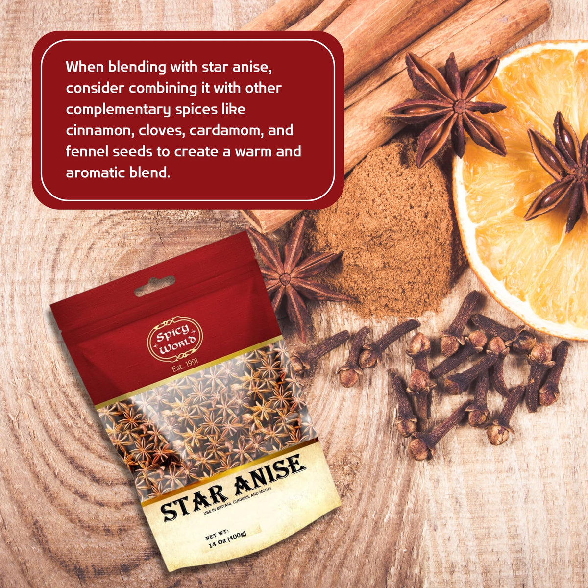 Spicy World Star Anise 14 Oz Bulk Bag | Premium Quality Whole Pods | Chinese Star Anise Pods - Perfect For Flavorful Dishes | Great For Baking & Tea