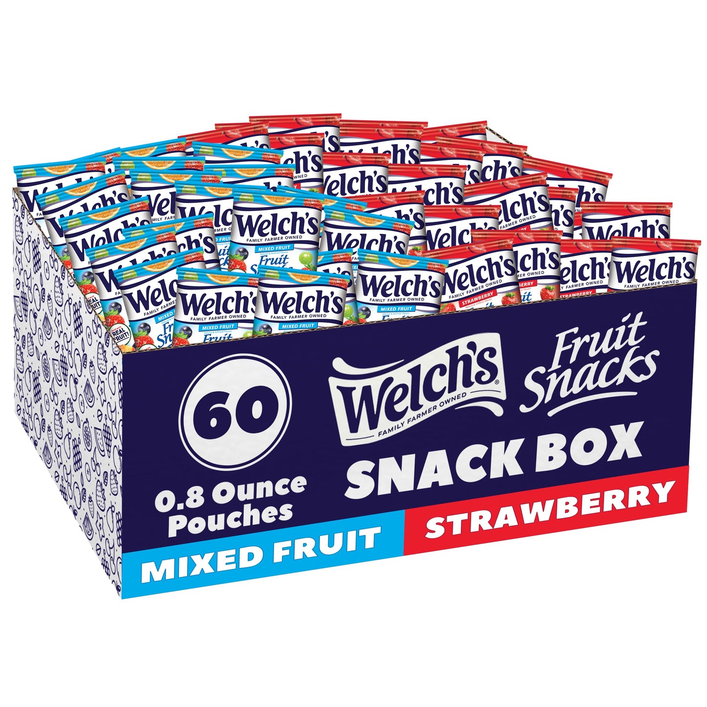 Welchs Fruit Snacks, Mixed Fruit & Strawberry Snack Box, Stocking Stuffers,Gluten Free, 0.8oz Snack Packs (Pack of 60)