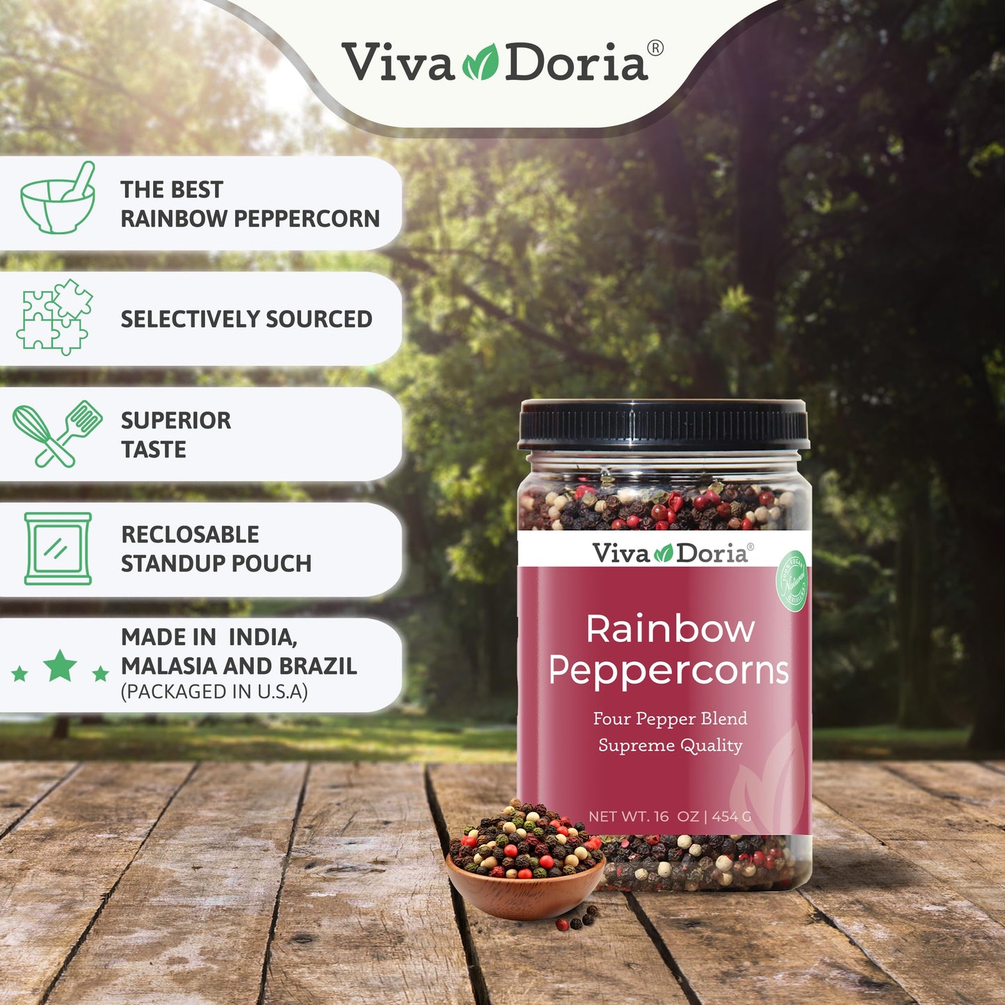 Viva Doria Rainbow Blend Peppercorn, Steam Sterilized Whole Black/Green Pepper, Whole Pink/White Pepper, 16 Oz, For Grinder Refi