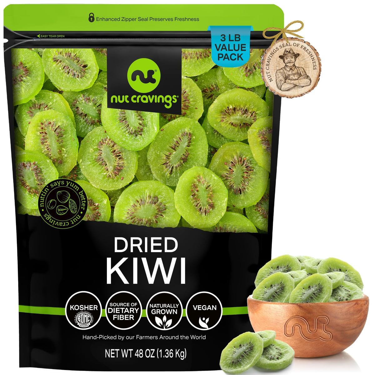 NUT CRAVINGS Dry Fruits - Sun Dried Kiwi Slices, (48oz - 3 LB, Bulk) Packed Fresh in Resealable Bag - Sweet Snack, Healthy Food,