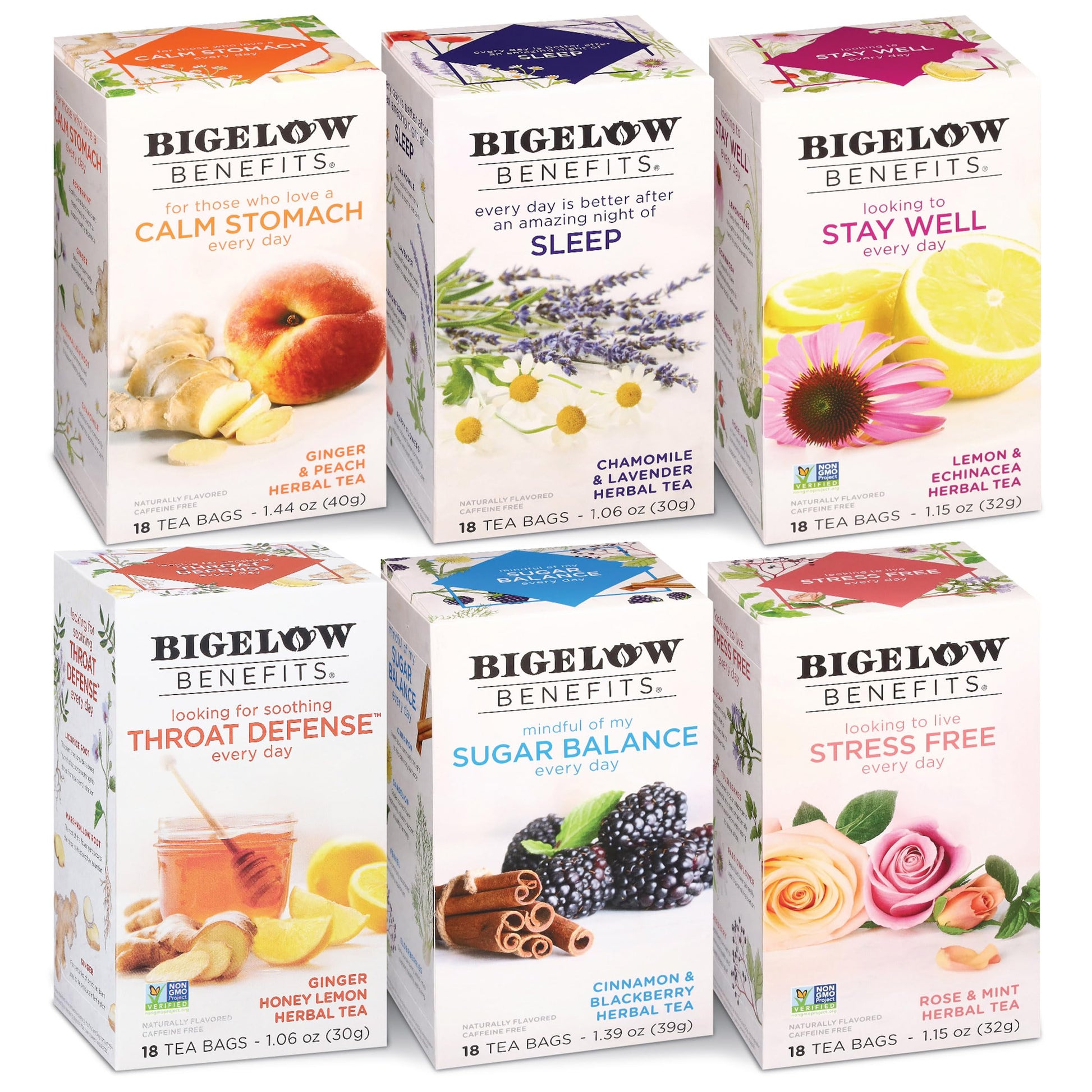 Bigelow Tea Wellness Teabag Variety Pack, Caffeinated Green Matcha & Herbal Tea, 18 Count Box (Pack of 6), 108 Total Tea Bags