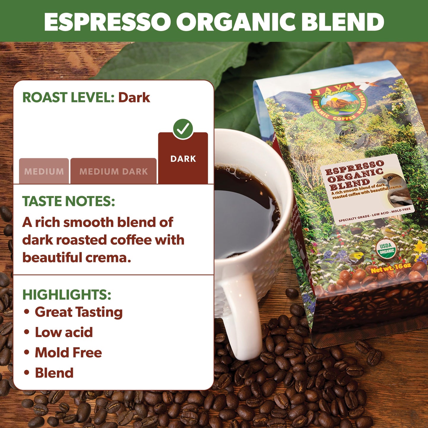 Java Planet Organic, Espresso Blend, Smooth Full Flavored Organic Coffee Beans, Low Acid, Whole Bean Coffee, 5Lb Bag