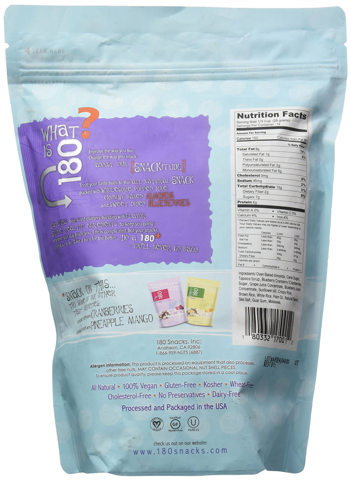 180 Snacks Almond Pops W/Blueberries, 15 Ounce Bag