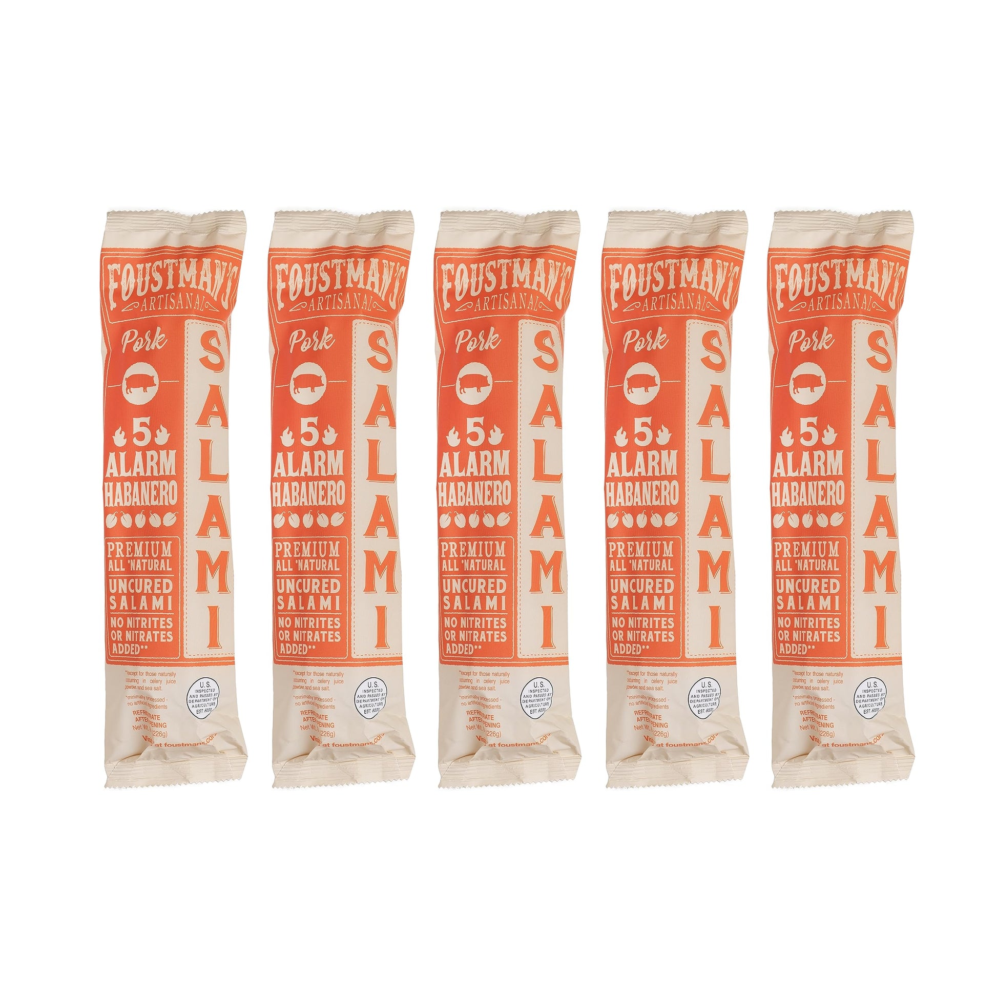 Foustman's Salami Pork 5 Alarm Habanero Artisanal, Nitrate-Free, Naturally Cured, Gluten-Free, Dairy-Free, Pack of 6, 8 Oz Each
