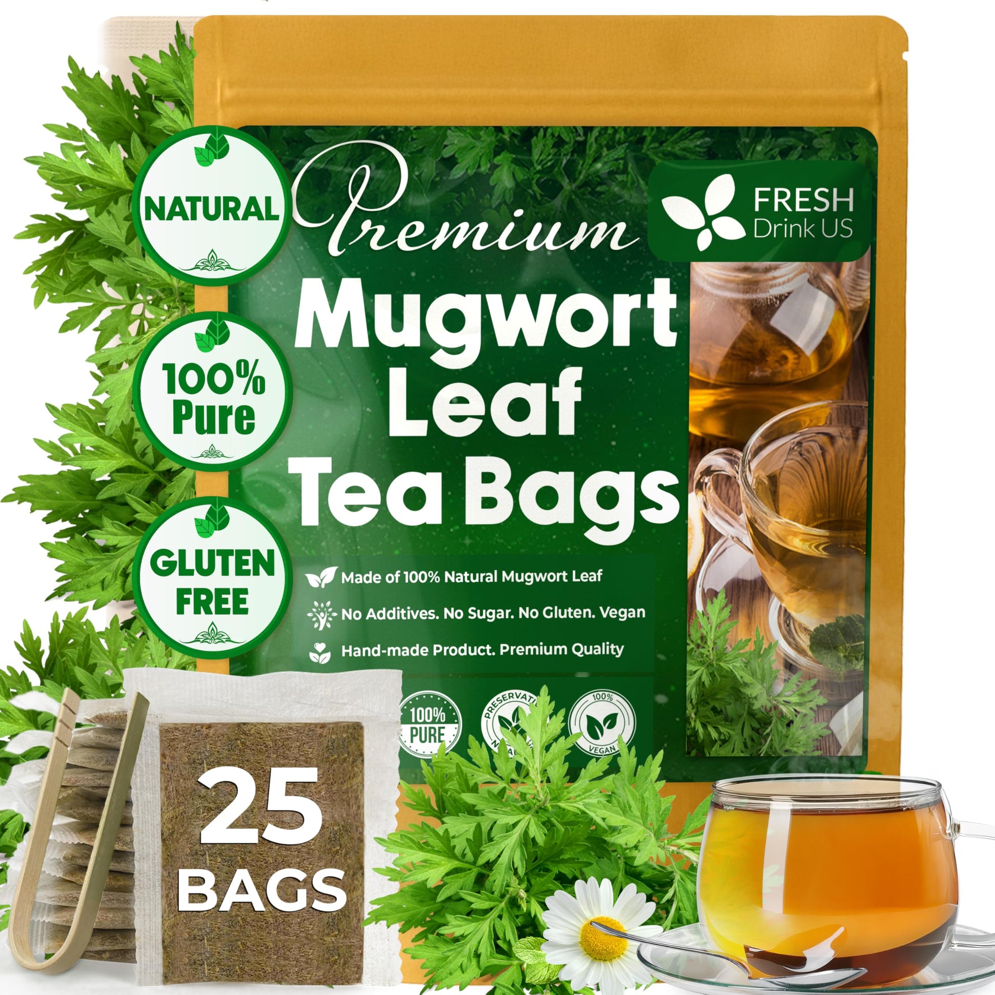 Freshdrinkus  Top-Grade 25 Mugwort Leaf Tea Bags  100% Natural And Pure Mugwort Leaves. Loose Leaf Herbal Tea. No Sugar  No Energy Blend  No Gluten  Vegan. (25 Tea Bags)