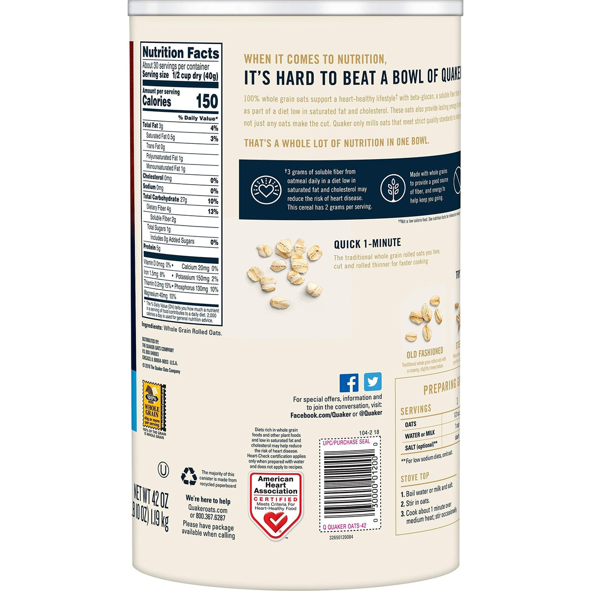 Quaker Oats 100% Whole Grain Quick 1 - Minute Net Wt 42oz. (2lb 10oz) 1.19kg