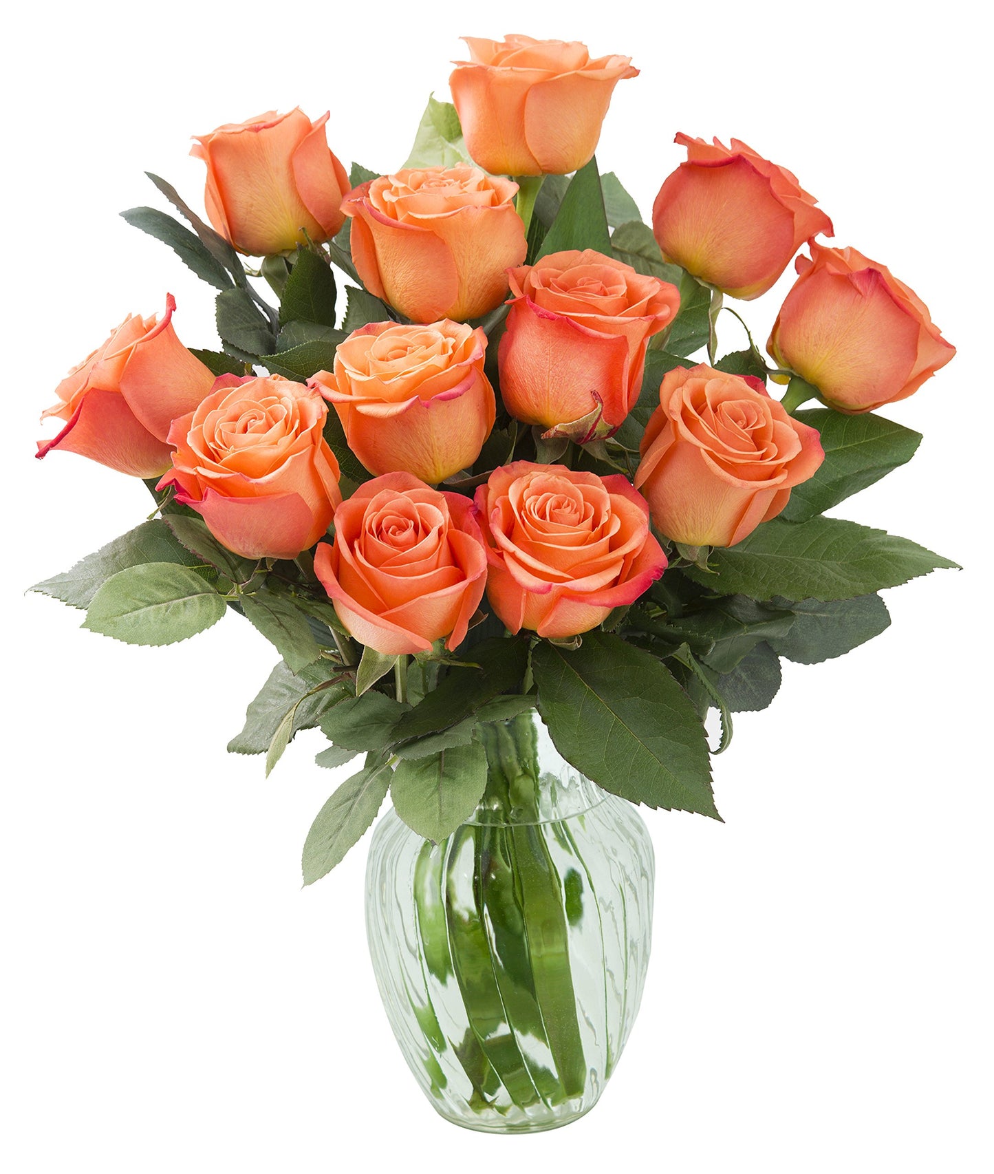 KaBloom Fresh Orange Roses Bouquet - 12 Long-Stem Flowers with Vase - Mothers Day Gift - Model KADF3635-V118-A999