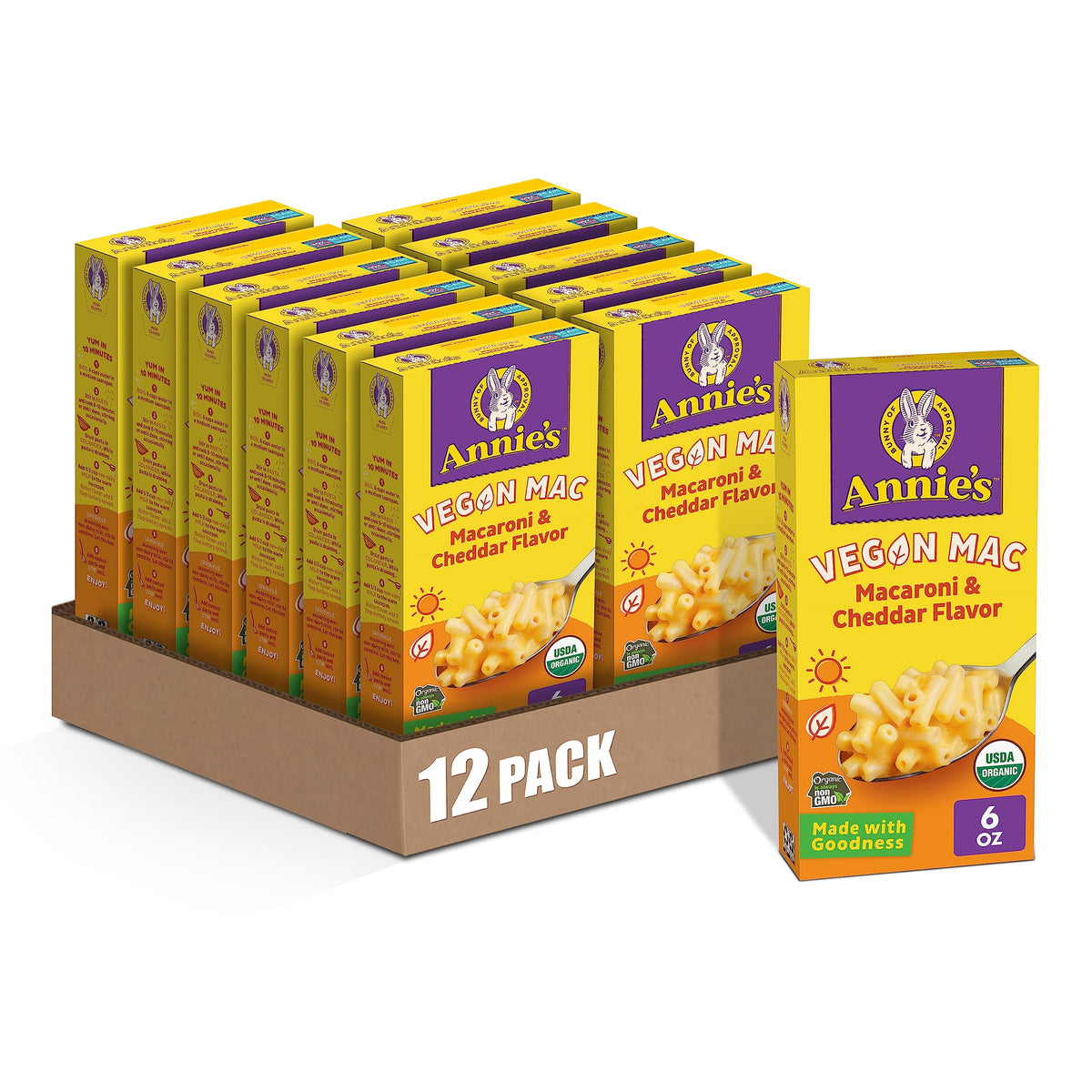 Annies Vegan Mac and Cheddar Pasta, Organic Plant Based, 6 oz, Pack of 12